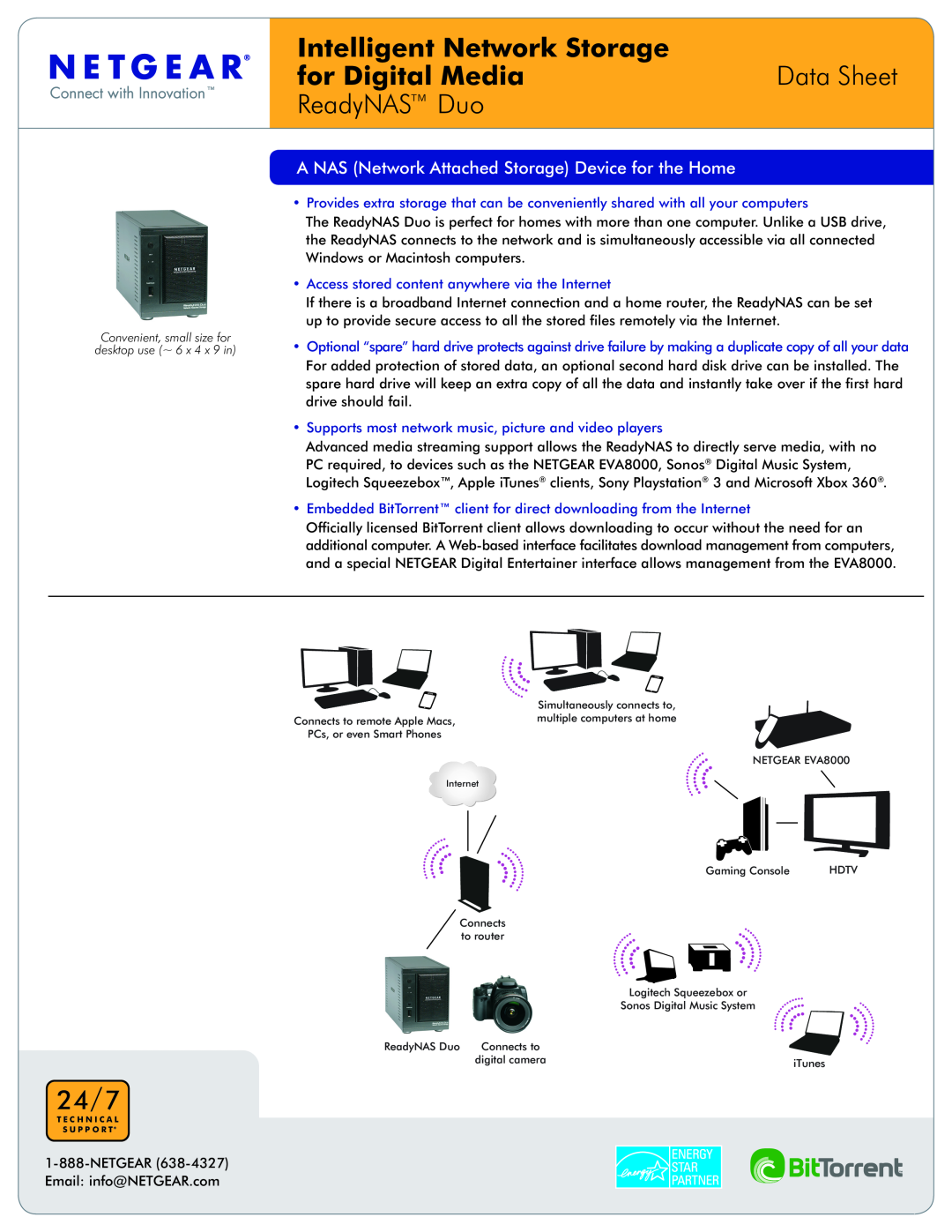 NETGEAR Cable Box manual Intelligent Network Storage, for Digital MediaData Sheet ReadyNAS Duo, 24/7 