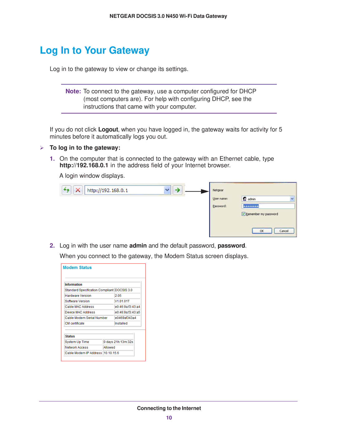 NETGEAR CG3000Dv2 user manual Log In to Your Gateway,  To log in to the gateway 