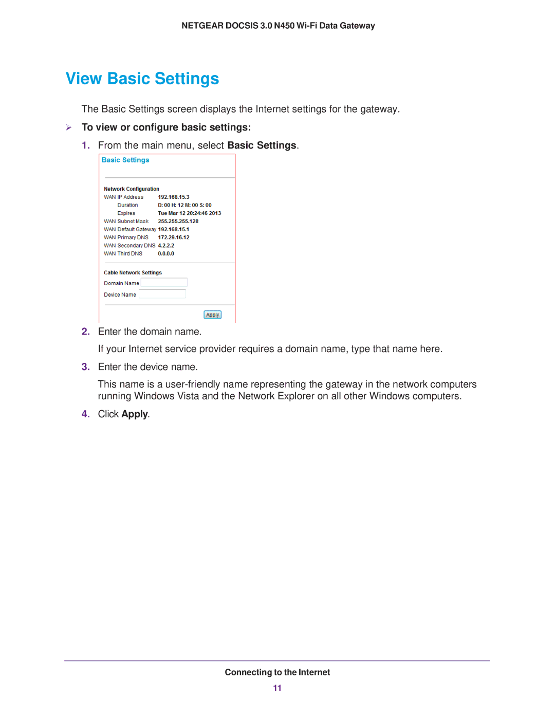 NETGEAR CG3000Dv2 user manual View Basic Settings,  To view or configure basic settings 