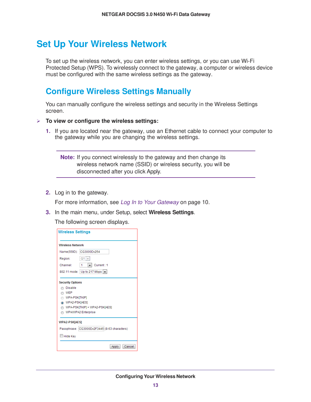 NETGEAR CG3000Dv2 user manual Set Up Your Wireless Network,  To view or configure the wireless settings 