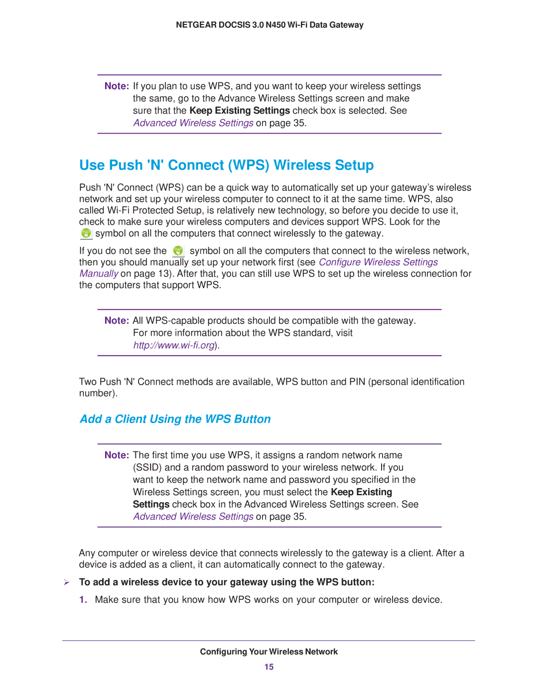 NETGEAR CG3000Dv2 user manual Use Push N Connect WPS Wireless Setup 