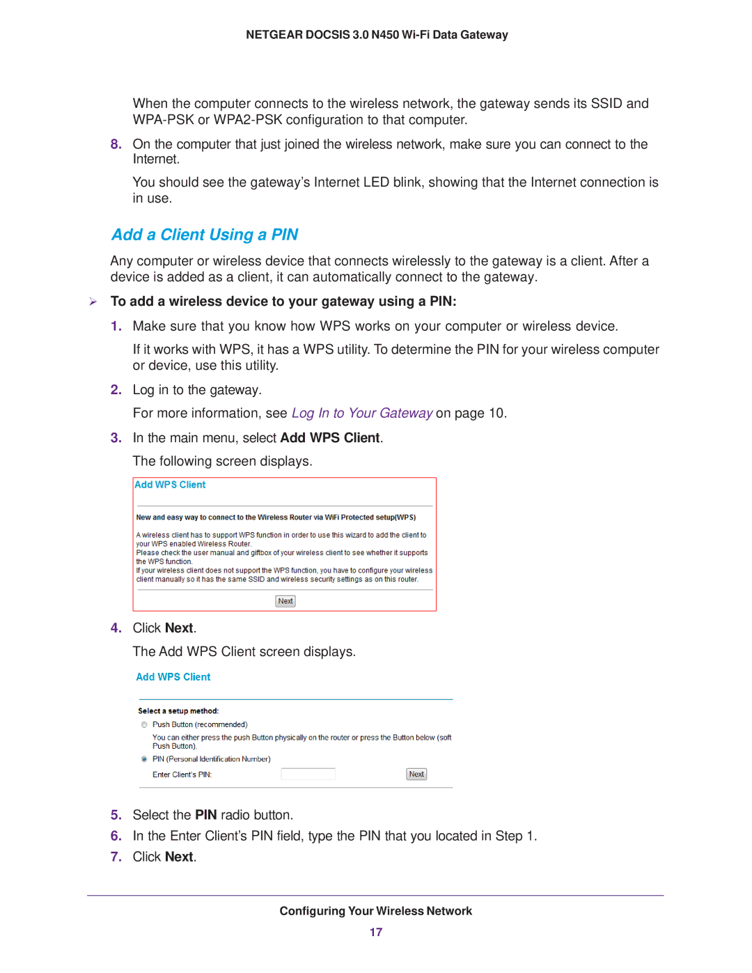 NETGEAR CG3000Dv2 user manual Add a Client Using a PIN,  To add a wireless device to your gateway using a PIN 