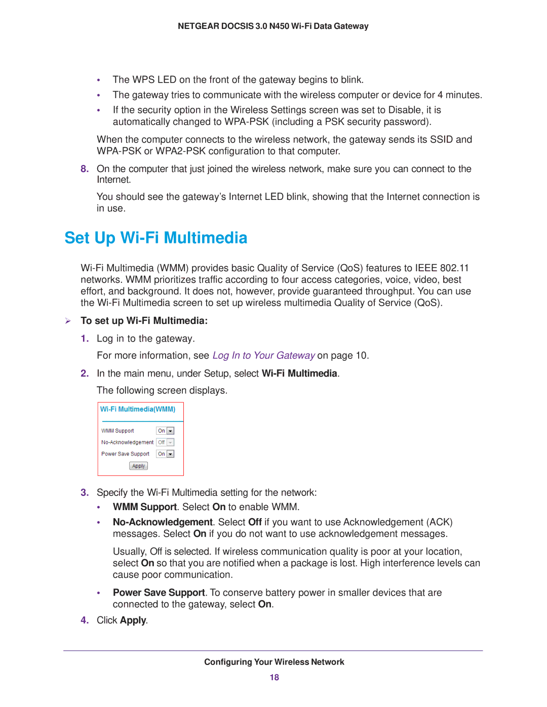 NETGEAR CG3000Dv2 user manual Set Up Wi-Fi Multimedia,  To set up Wi-Fi Multimedia 