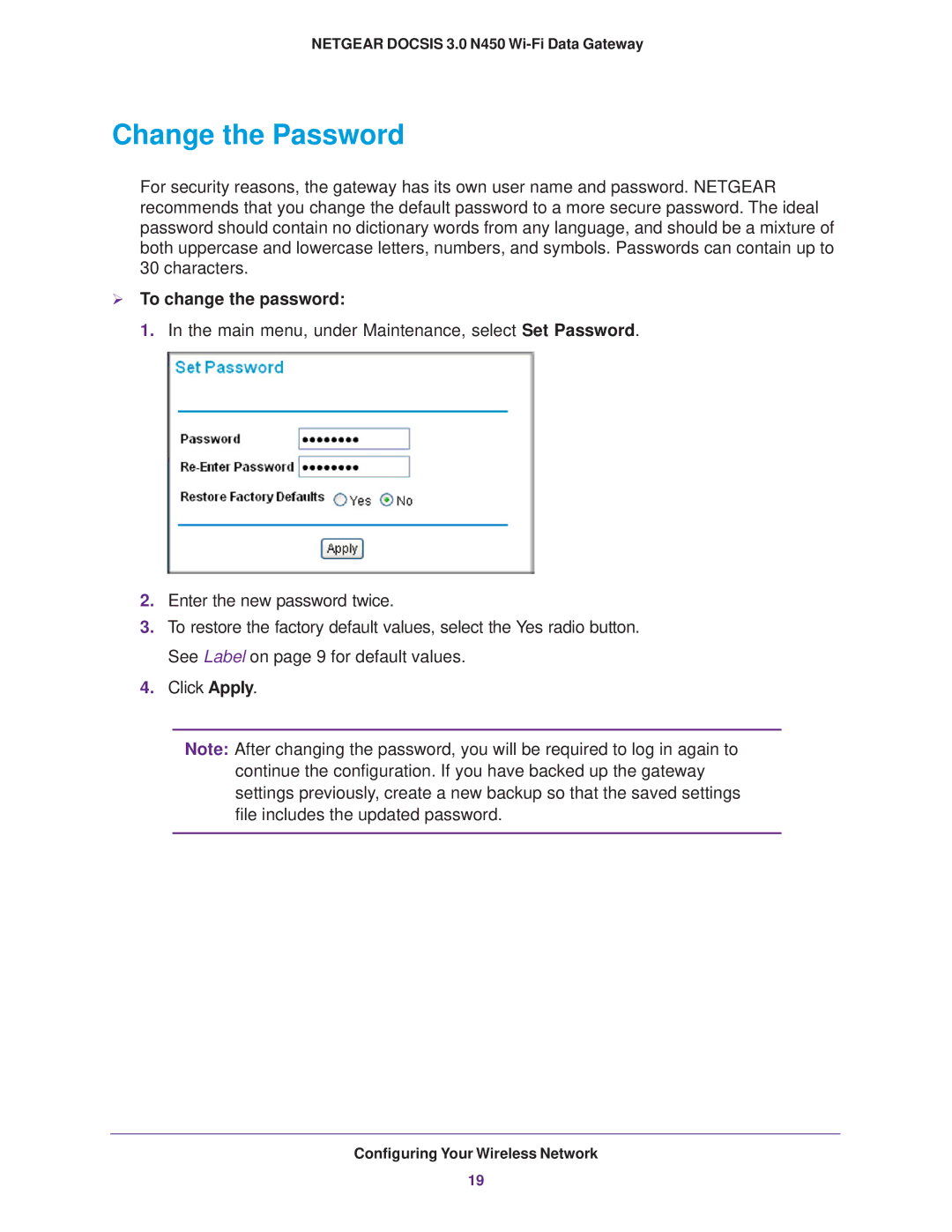 NETGEAR CG3000Dv2 user manual Change the Password,  To change the password 