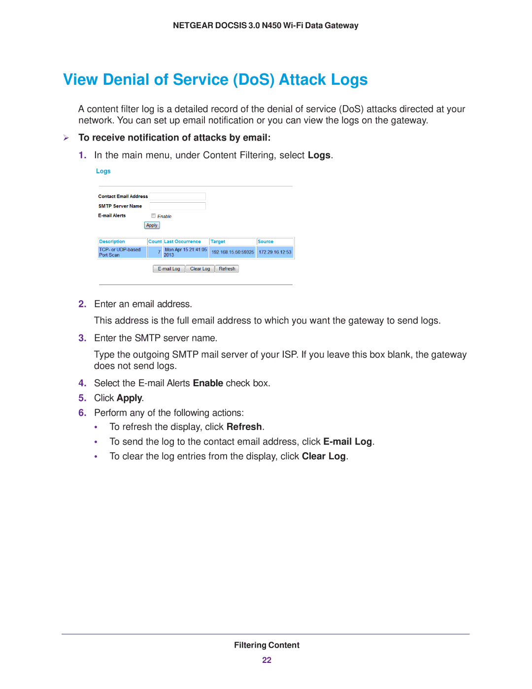 NETGEAR CG3000Dv2 user manual View Denial of Service DoS Attack Logs,  To receive notification of attacks by email 