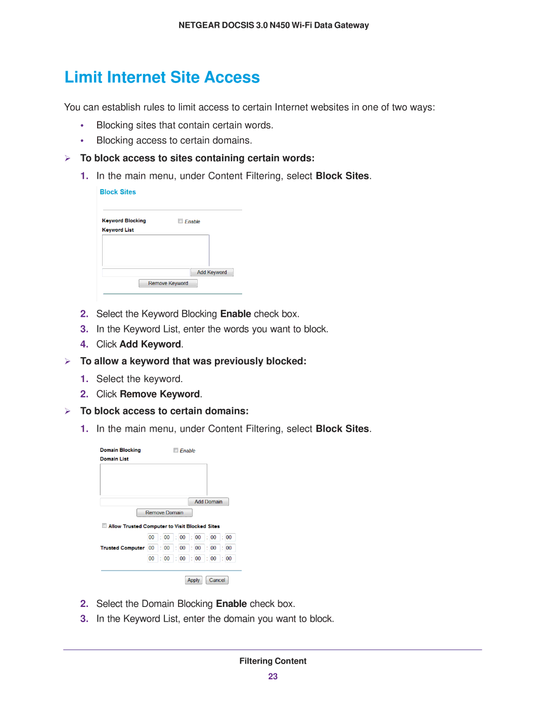 NETGEAR CG3000Dv2 user manual Limit Internet Site Access,  To block access to sites containing certain words 