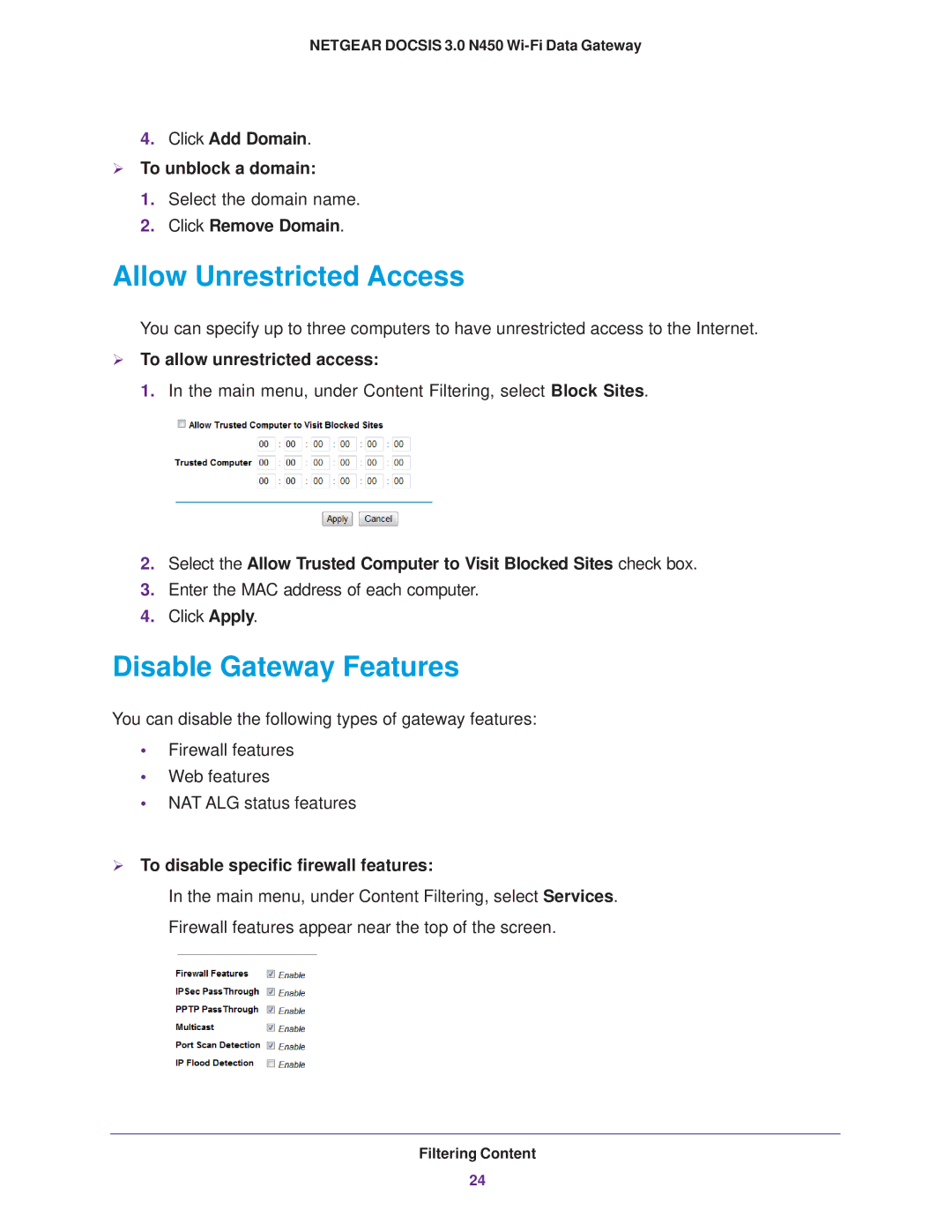 NETGEAR CG3000Dv2 user manual Allow Unrestricted Access, Disable Gateway Features 