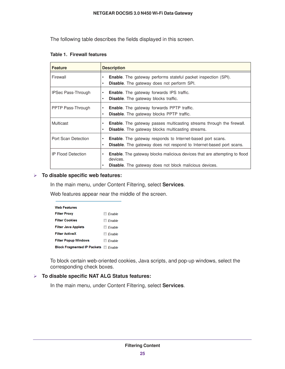 NETGEAR CG3000Dv2  To disable specific web features,  To disable specific NAT ALG Status features, Feature Description 