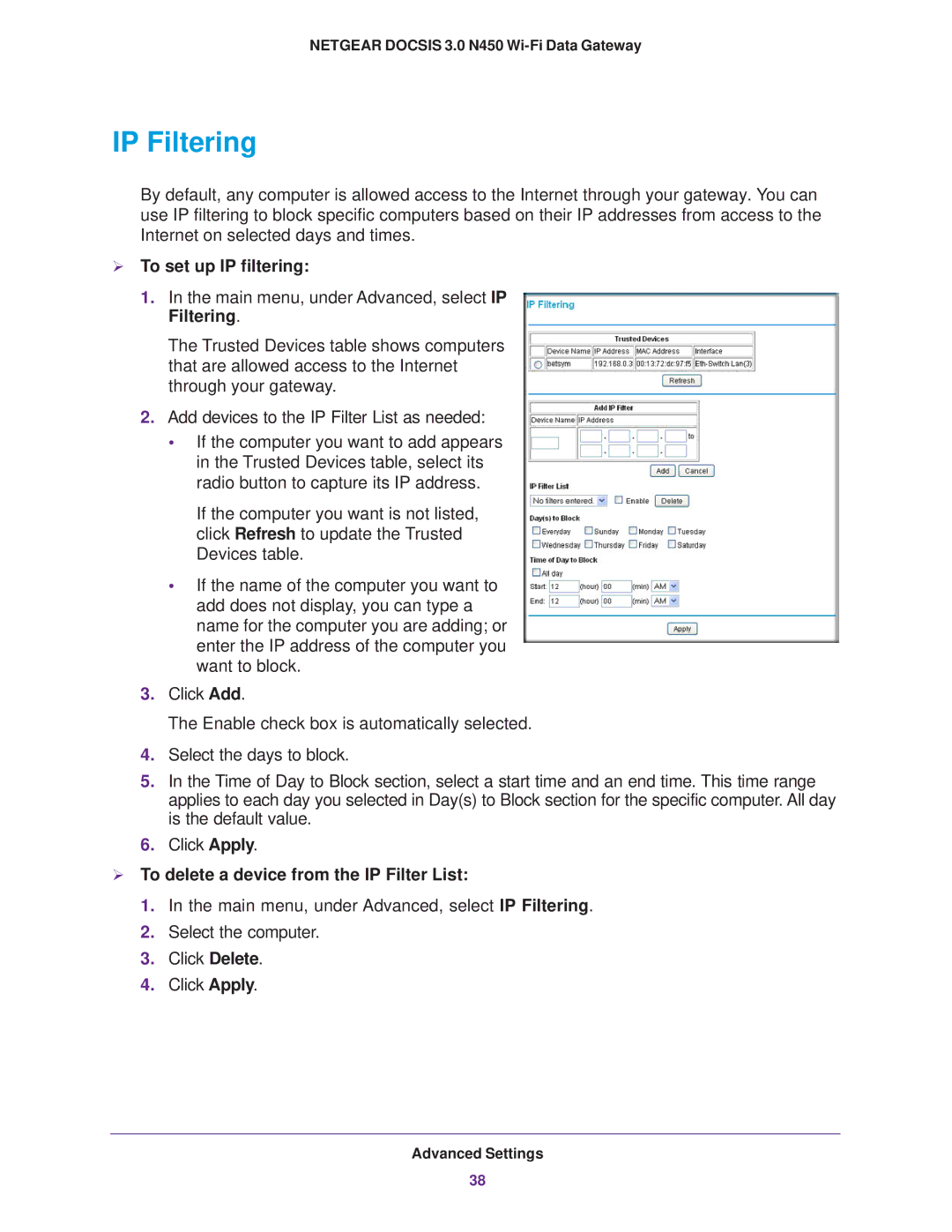 NETGEAR CG3000Dv2 user manual IP Filtering,  To set up IP filtering,  To delete a device from the IP Filter List 