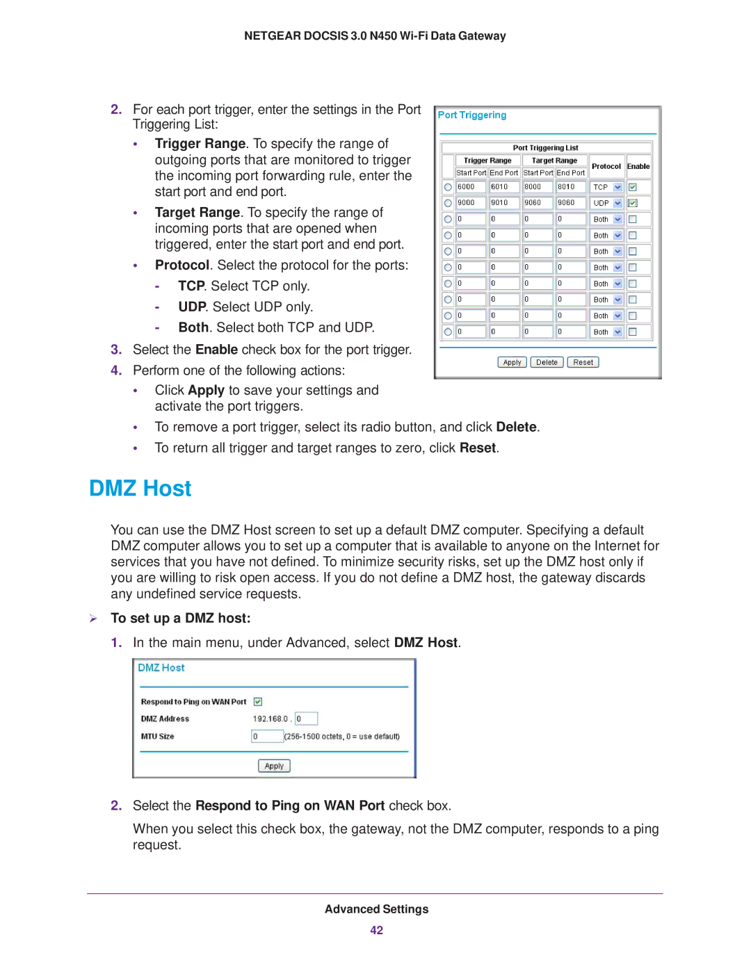 NETGEAR CG3000Dv2 user manual DMZ Host,  To set up a DMZ host, Select the Respond to Ping on WAN Port check box 