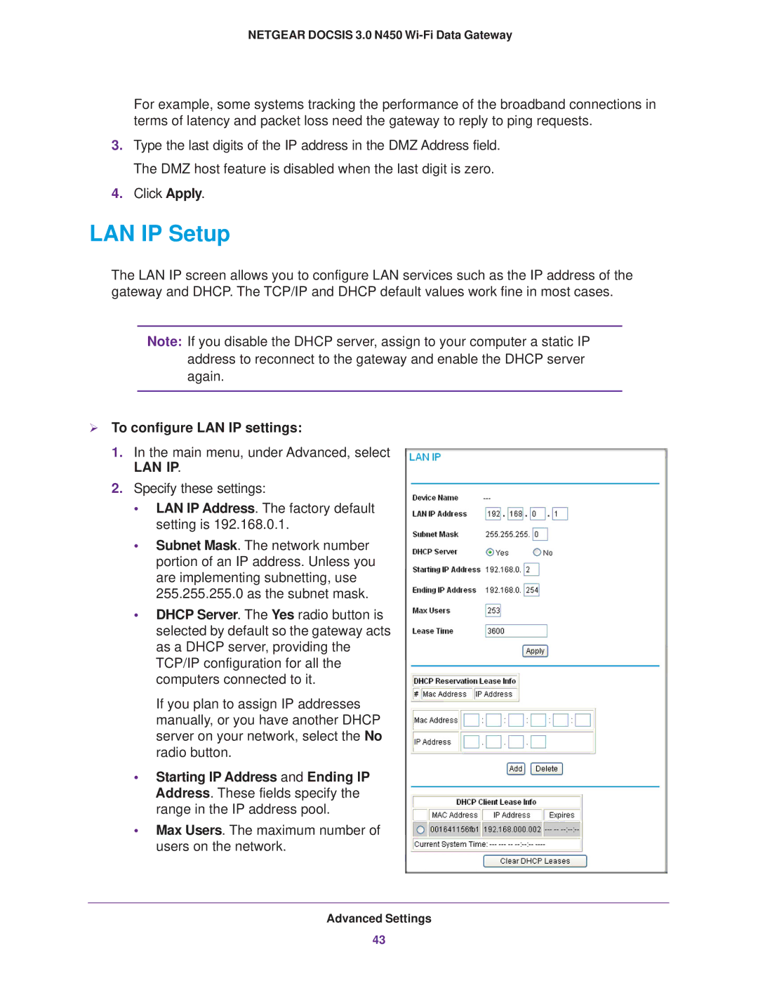 NETGEAR CG3000Dv2 user manual LAN IP Setup,  To configure LAN IP settings 