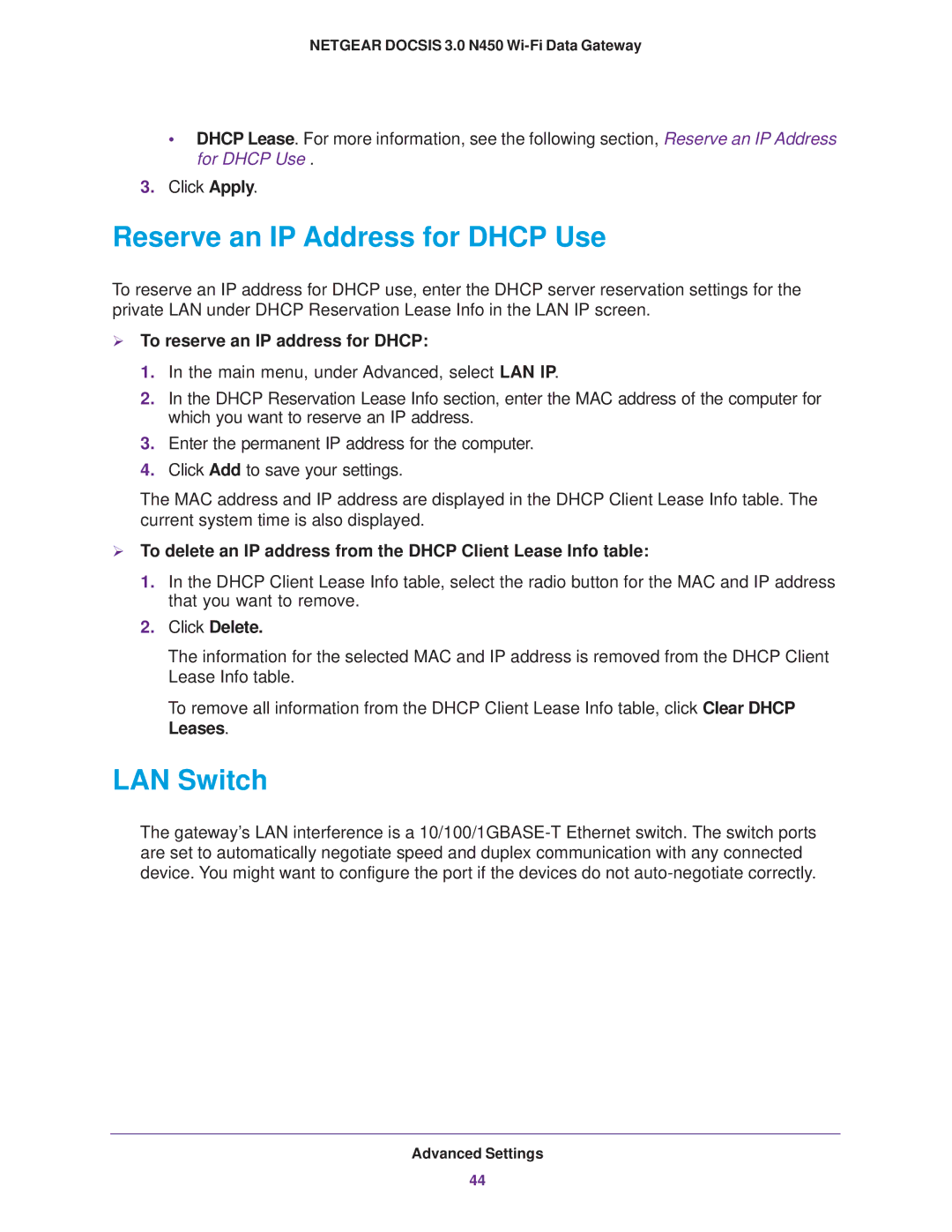 NETGEAR CG3000Dv2 Reserve an IP Address for Dhcp Use, LAN Switch,  To reserve an IP address for Dhcp, Click Delete 