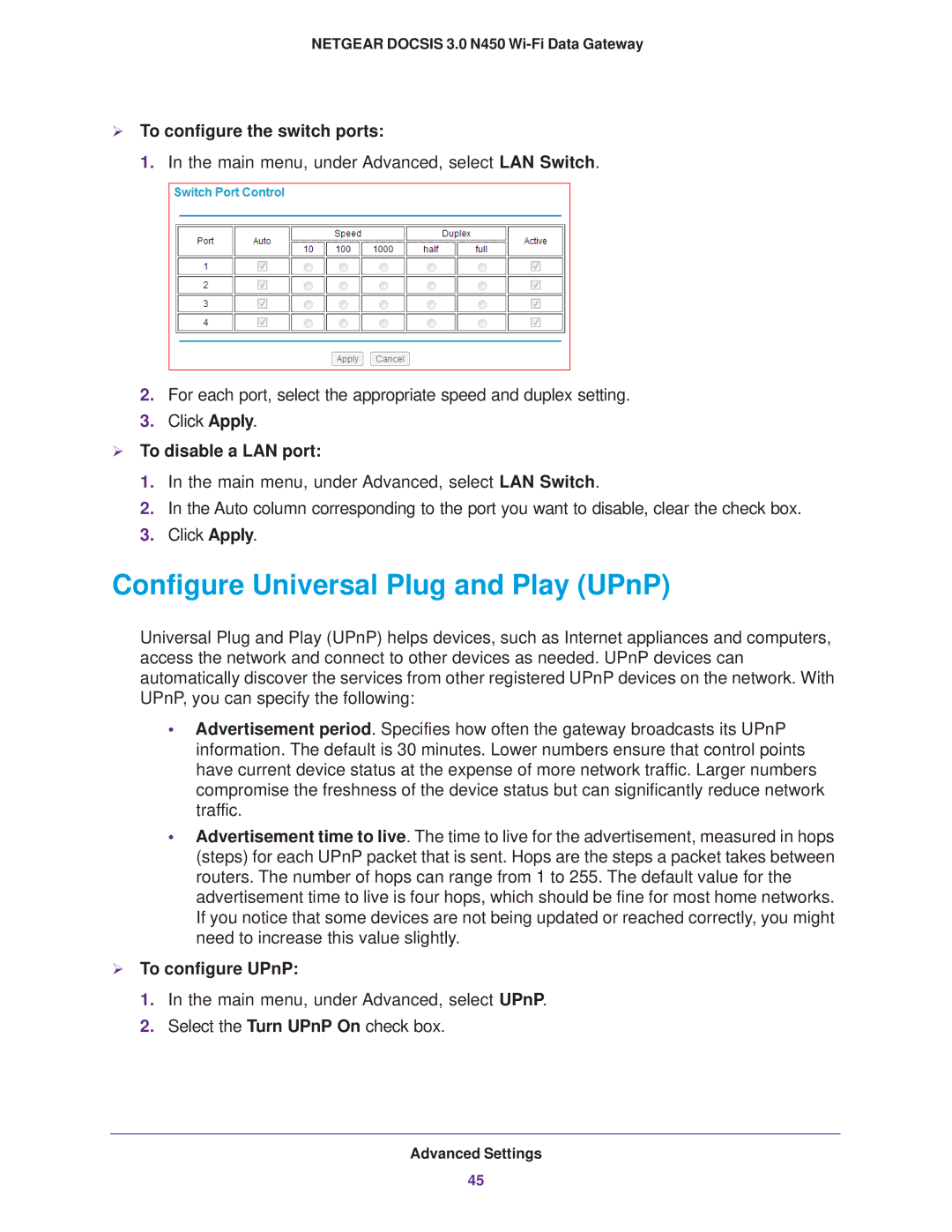 NETGEAR CG3000Dv2 Configure Universal Plug and Play UPnP,  To configure the switch ports,  To disable a LAN port 