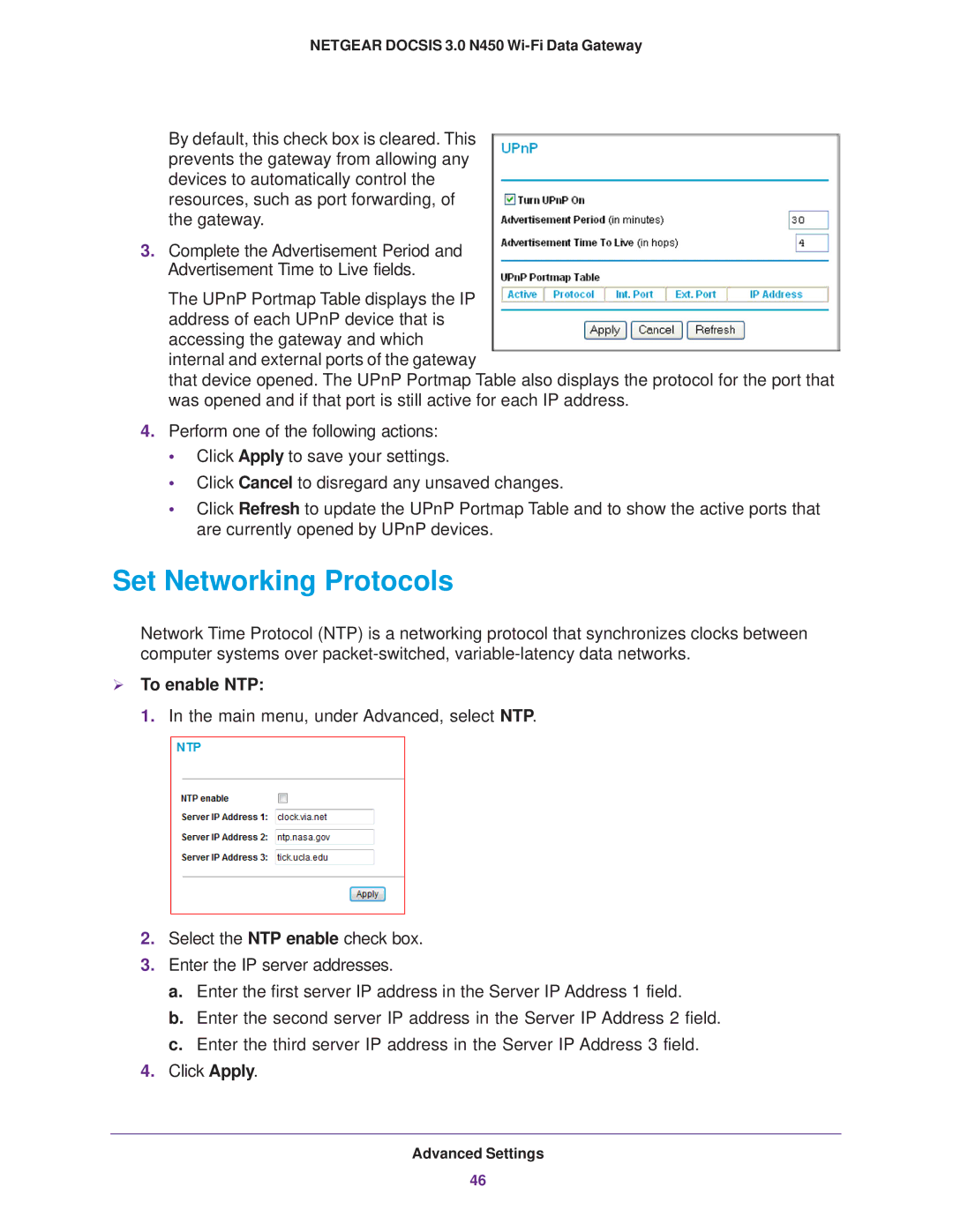 NETGEAR CG3000Dv2 user manual Set Networking Protocols,  To enable NTP 