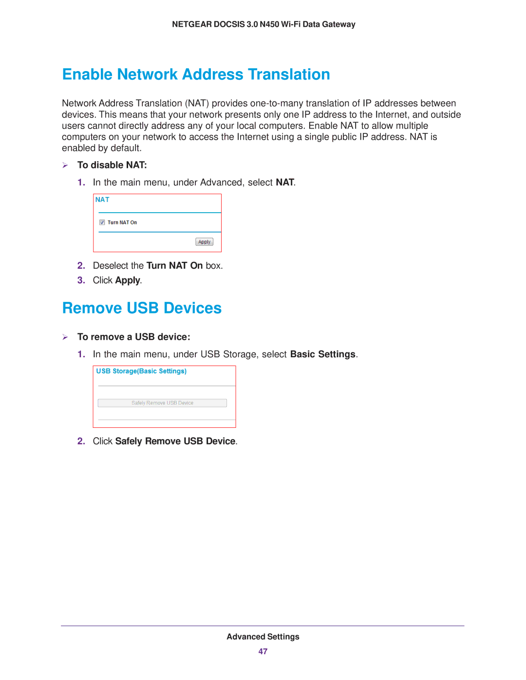 NETGEAR CG3000Dv2 Enable Network Address Translation, Remove USB Devices,  To disable NAT,  To remove a USB device 