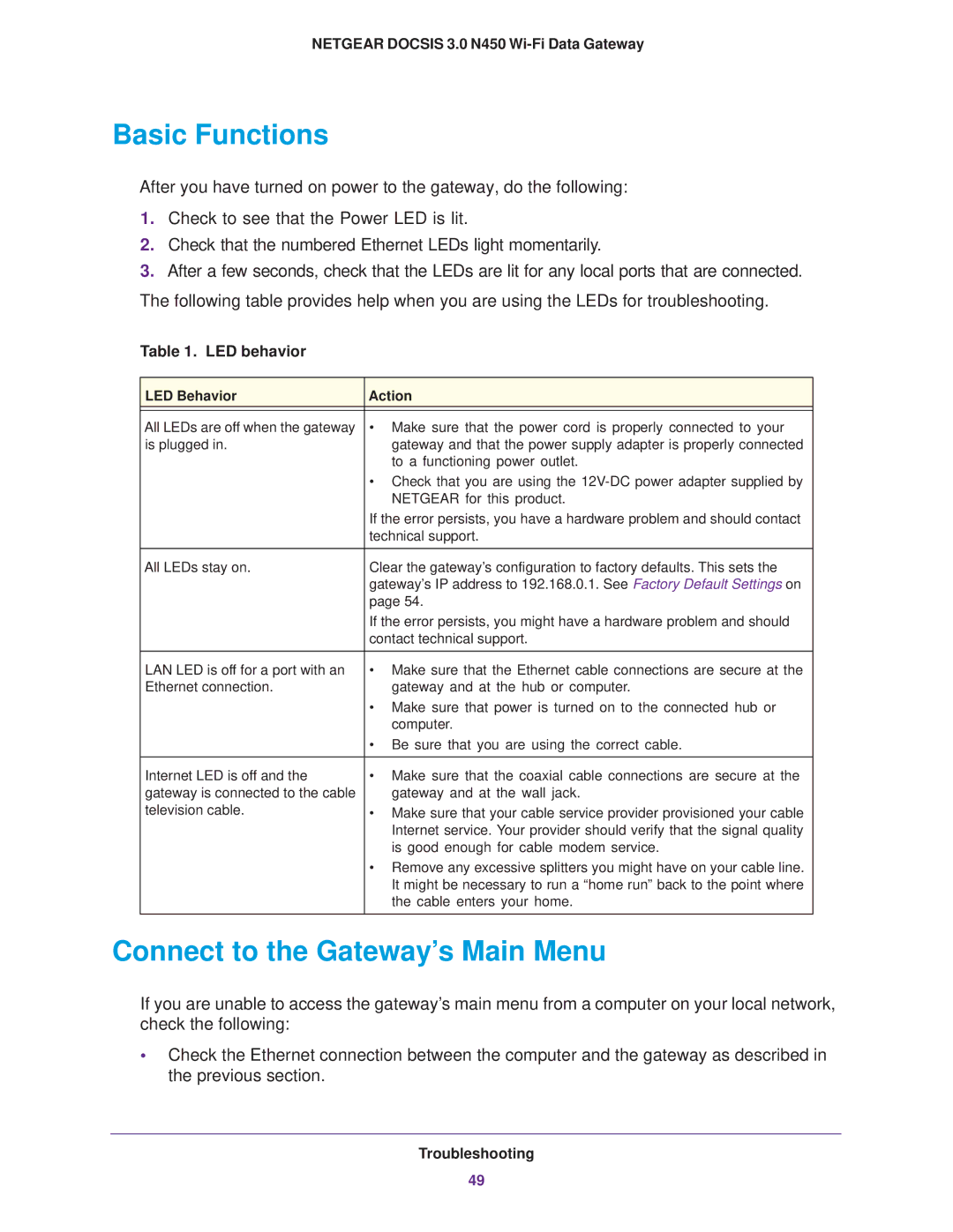 NETGEAR CG3000Dv2 user manual Basic Functions, Connect to the Gateway’s Main Menu, LED Behavior Action 