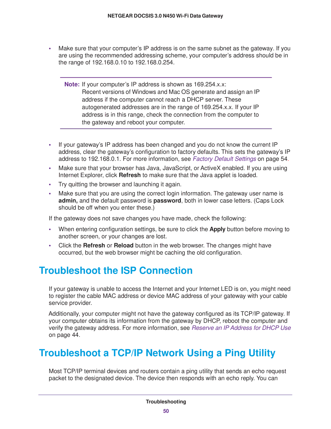 NETGEAR CG3000Dv2 user manual Troubleshoot the ISP Connection, Troubleshoot a TCP/IP Network Using a Ping Utility 