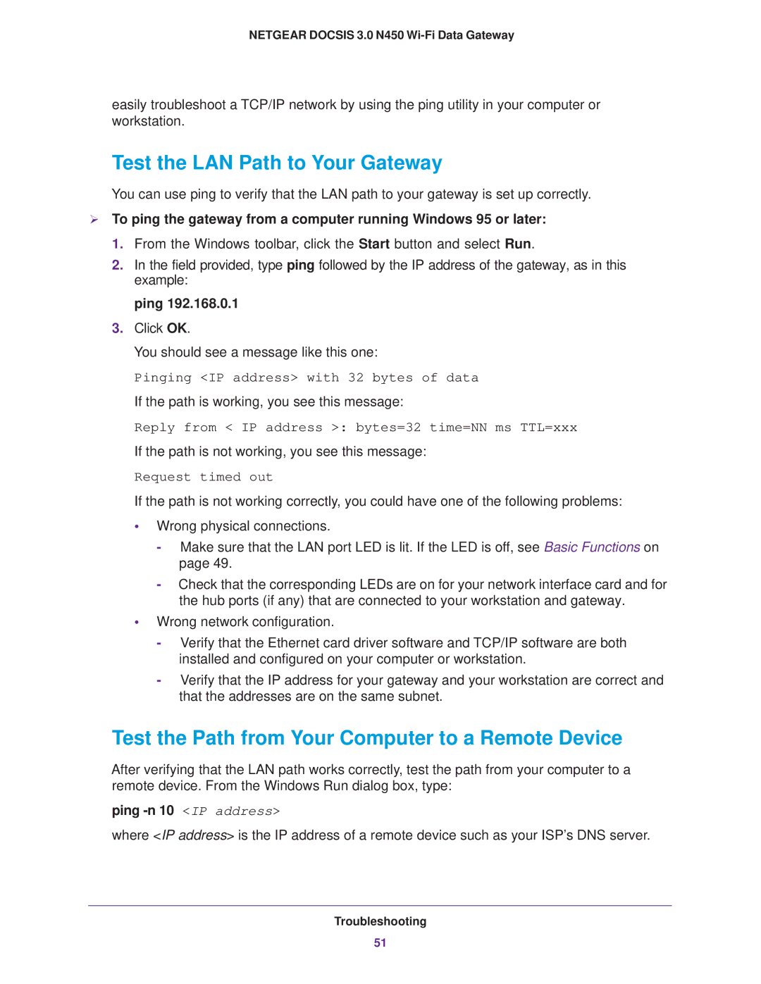 NETGEAR CG3000Dv2 user manual Test the LAN Path to Your Gateway, Ping 