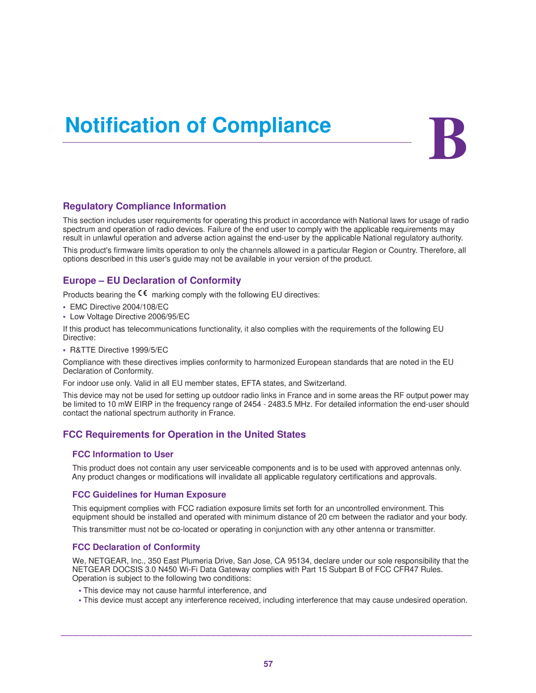 NETGEAR CG3000Dv2 user manual Notification of Compliance, Regulatory Compliance Information 