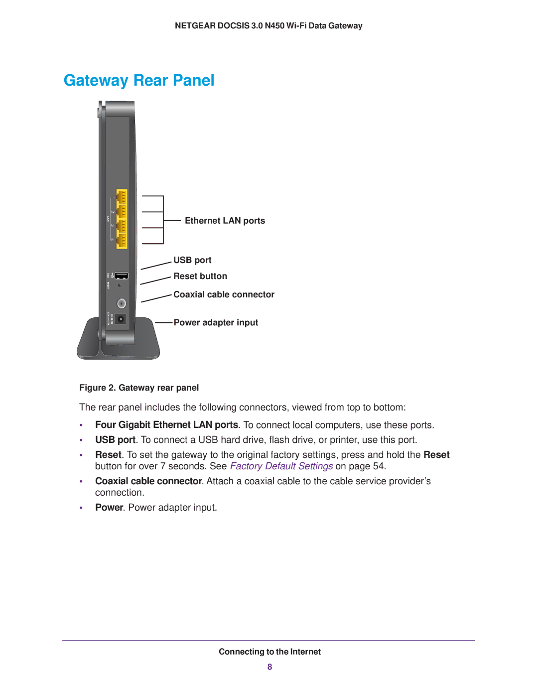 NETGEAR CG3000Dv2 user manual Gateway Rear Panel, Gateway rear panel 