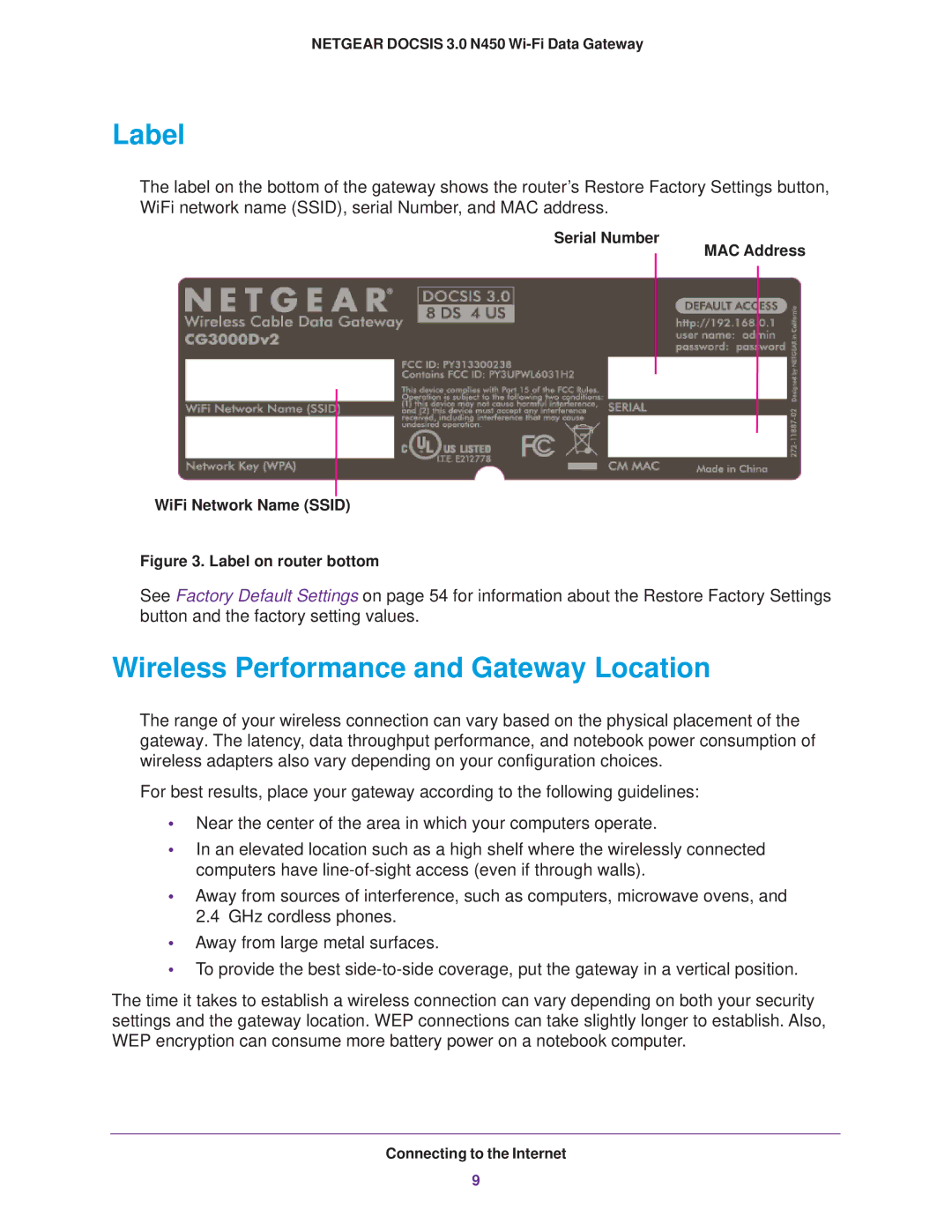 NETGEAR CG3000Dv2 user manual Label, Wireless Performance and Gateway Location 