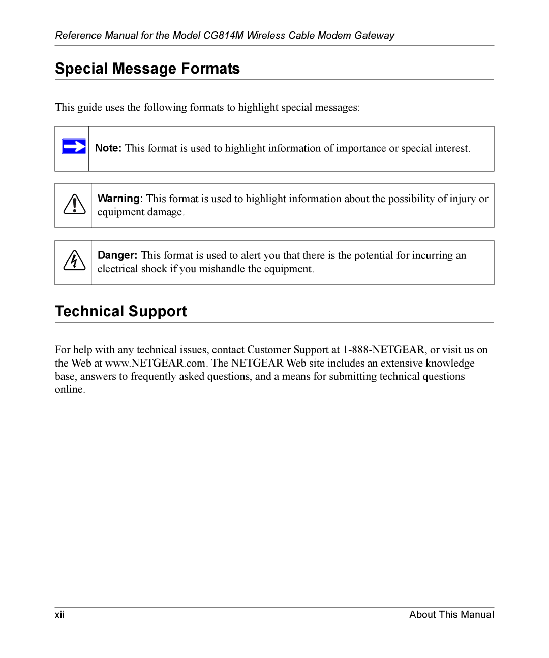 NETGEAR CG814M manual Special Message Formats, Technical Support 