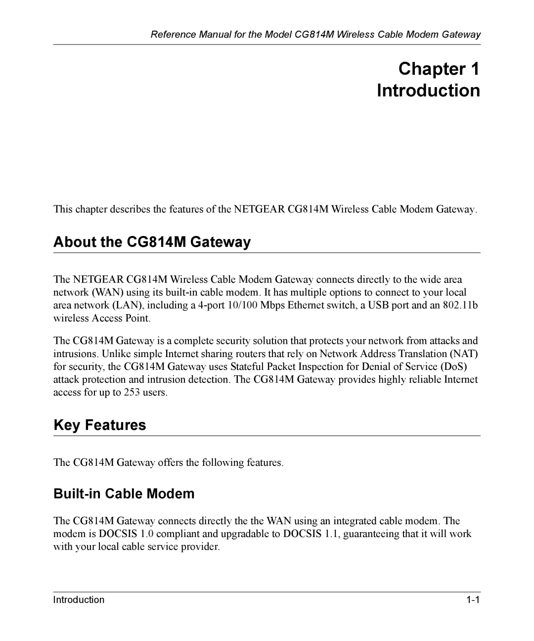 NETGEAR manual Chapter Introduction, About the CG814M Gateway, Key Features, Built-in Cable Modem 