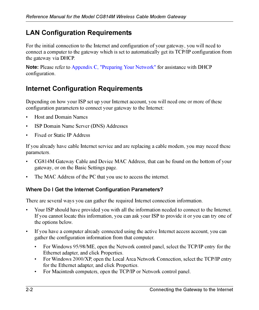 NETGEAR CG814M manual LAN Configuration Requirements, Internet Configuration Requirements 