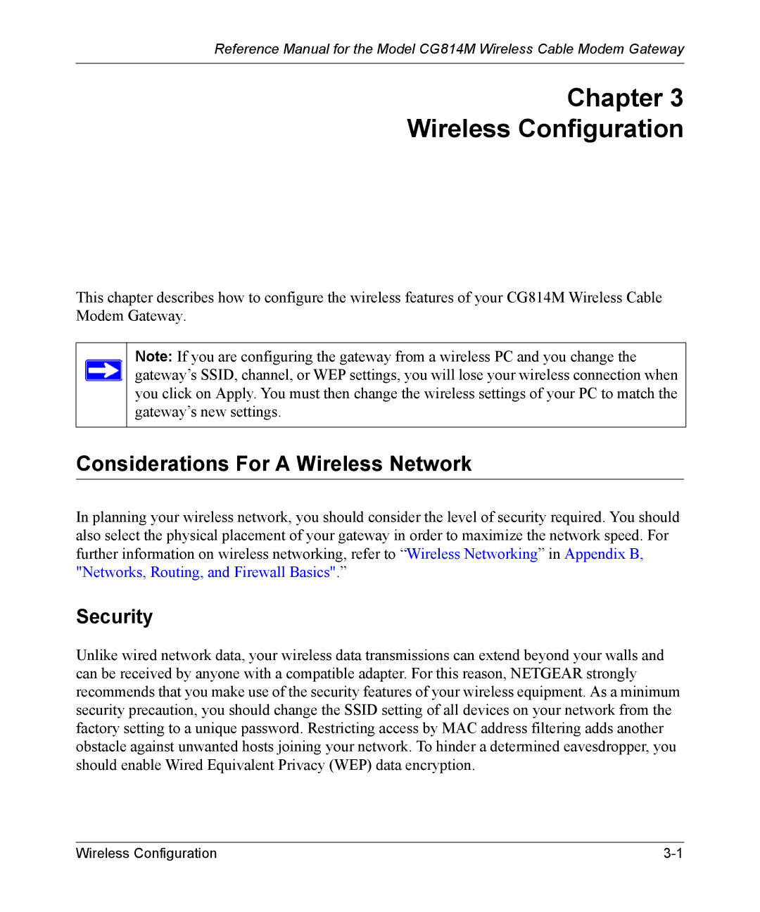 NETGEAR CG814M manual Chapter Wireless Configuration, Considerations For a Wireless Network, Security 