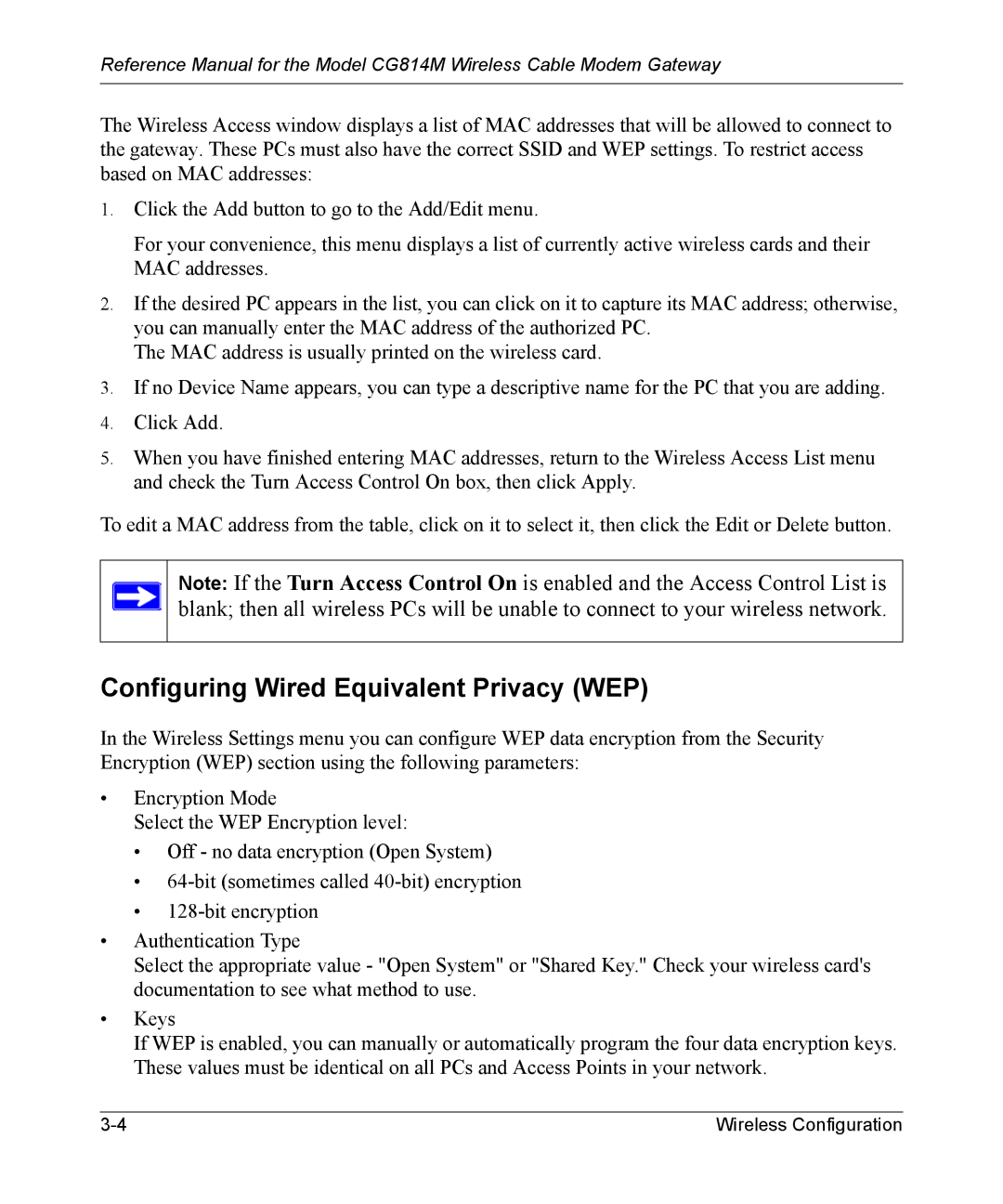 NETGEAR CG814M manual Configuring Wired Equivalent Privacy WEP 