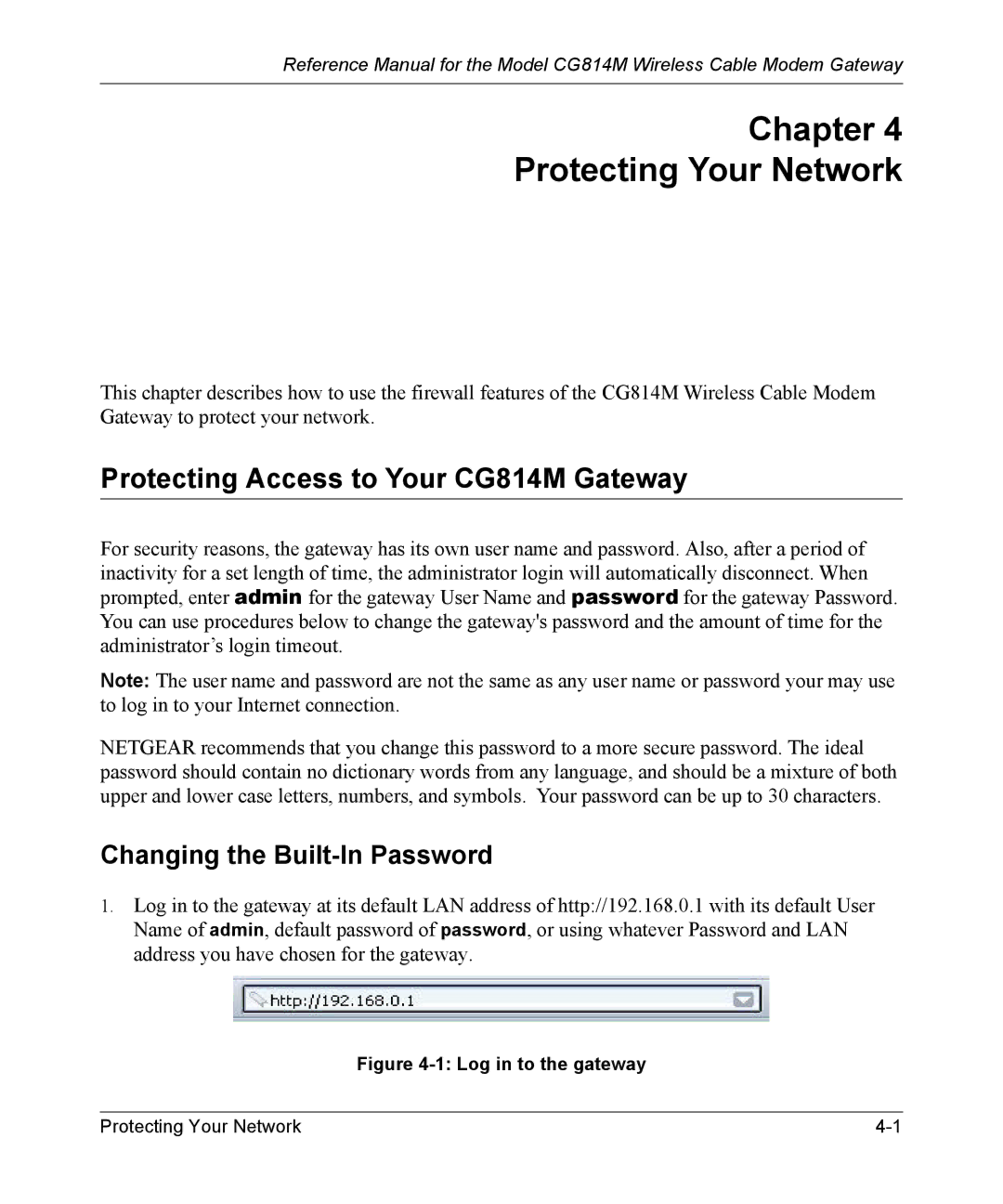 NETGEAR manual Chapter Protecting Your Network, Protecting Access to Your CG814M Gateway, Changing the Built-In Password 