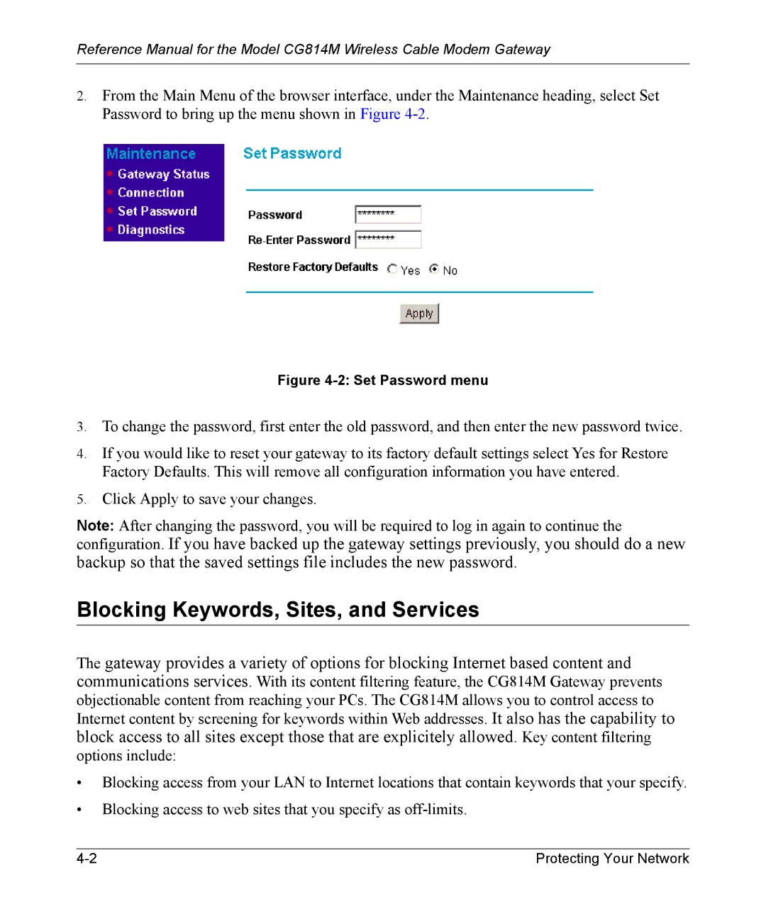 NETGEAR CG814M manual Blocking Keywords, Sites, and Services, Set Password menu 