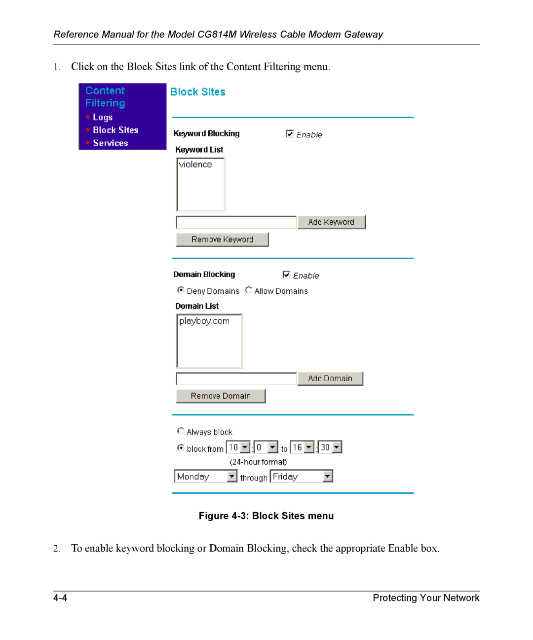 NETGEAR CG814M manual Click on the Block Sites link of the Content Filtering menu 