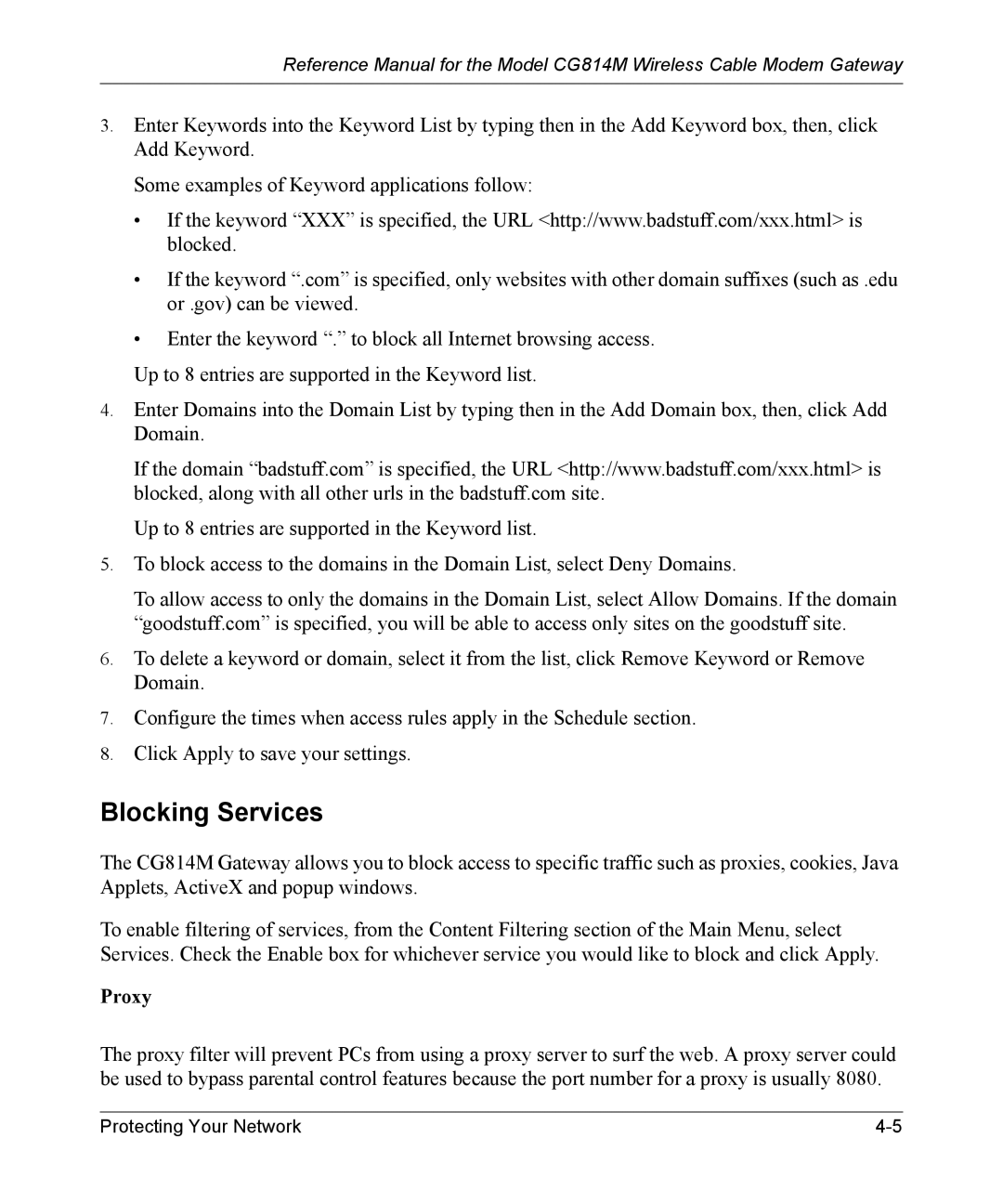 NETGEAR CG814M manual Blocking Services, Proxy 
