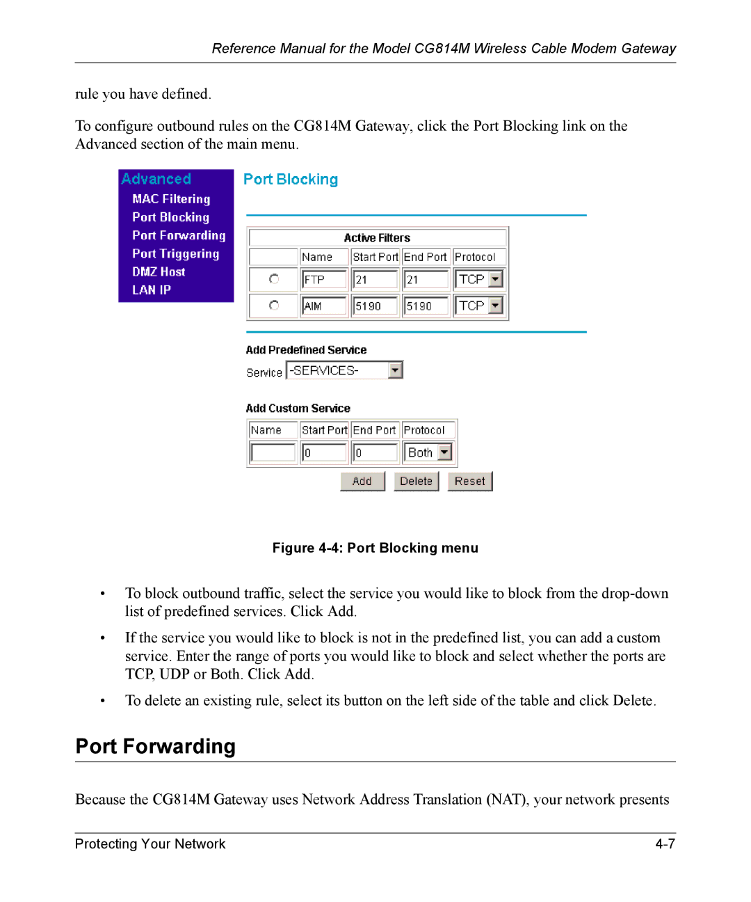 NETGEAR CG814M manual Port Forwarding, Port Blocking menu 