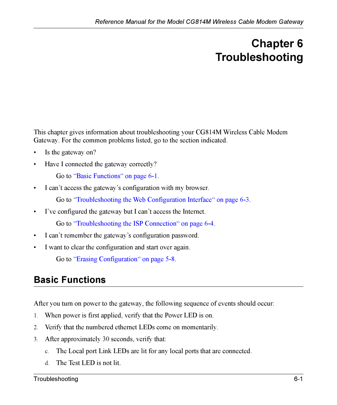 NETGEAR CG814M manual Chapter Troubleshooting, Basic Functions 