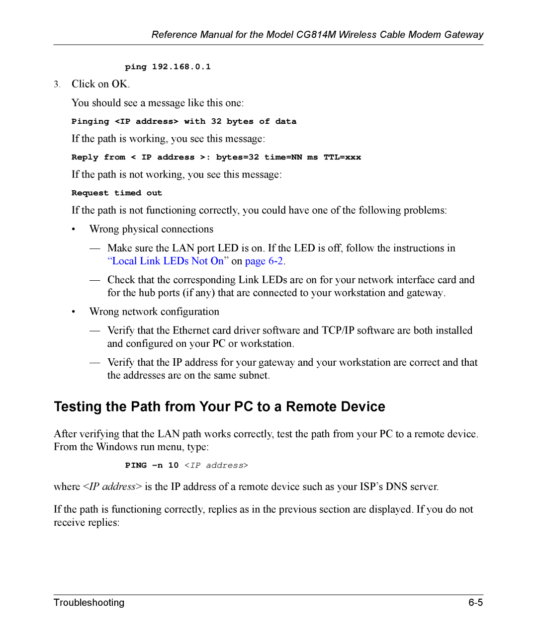 NETGEAR CG814M manual Testing the Path from Your PC to a Remote Device 