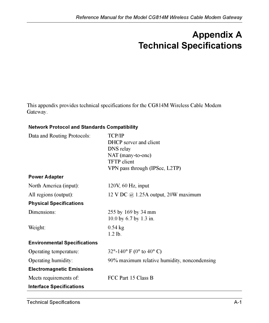 NETGEAR CG814M manual Appendix a Technical Specifications, Tcp/Ip 