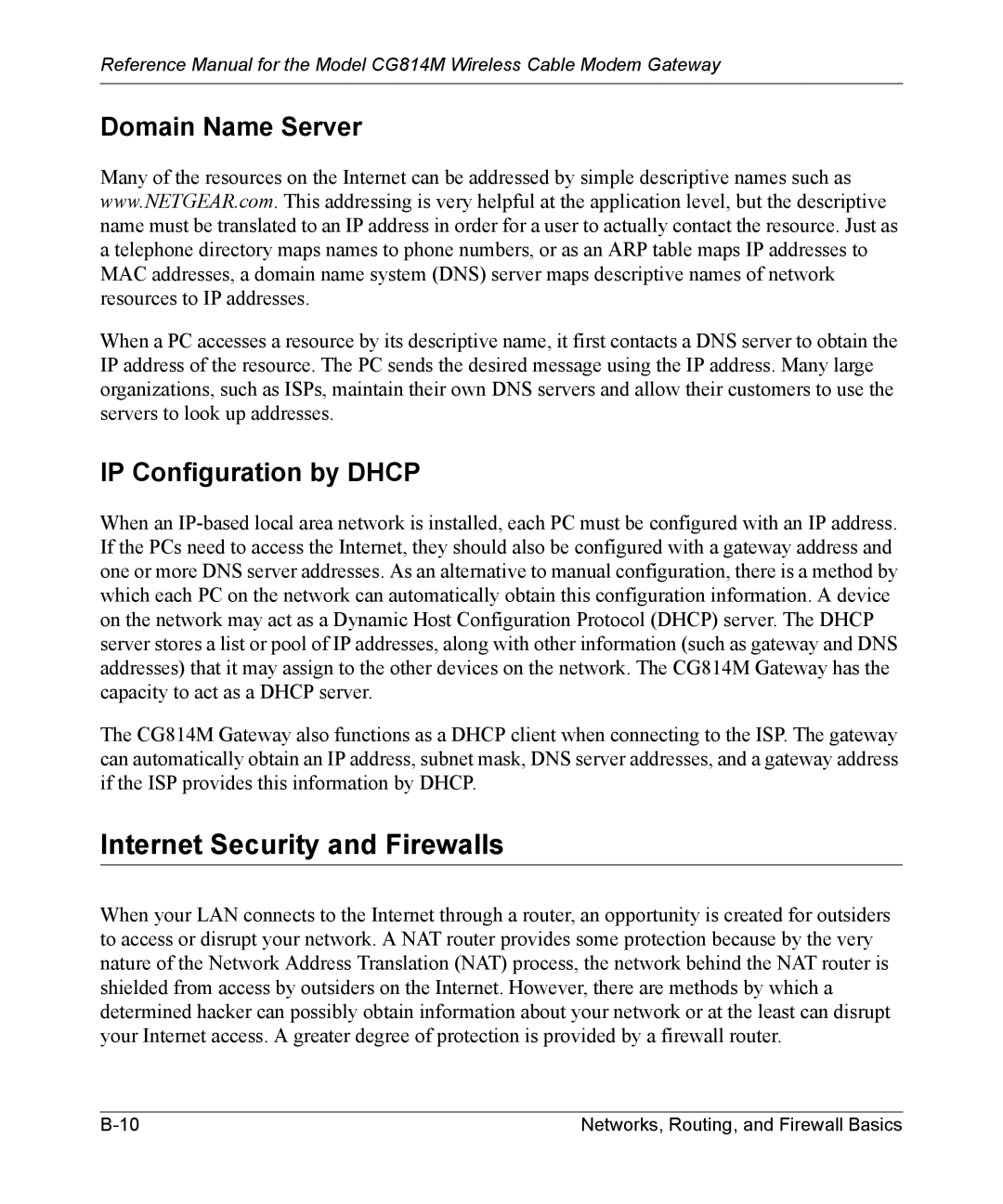 NETGEAR CG814M manual Internet Security and Firewalls, Domain Name Server, IP Configuration by Dhcp 