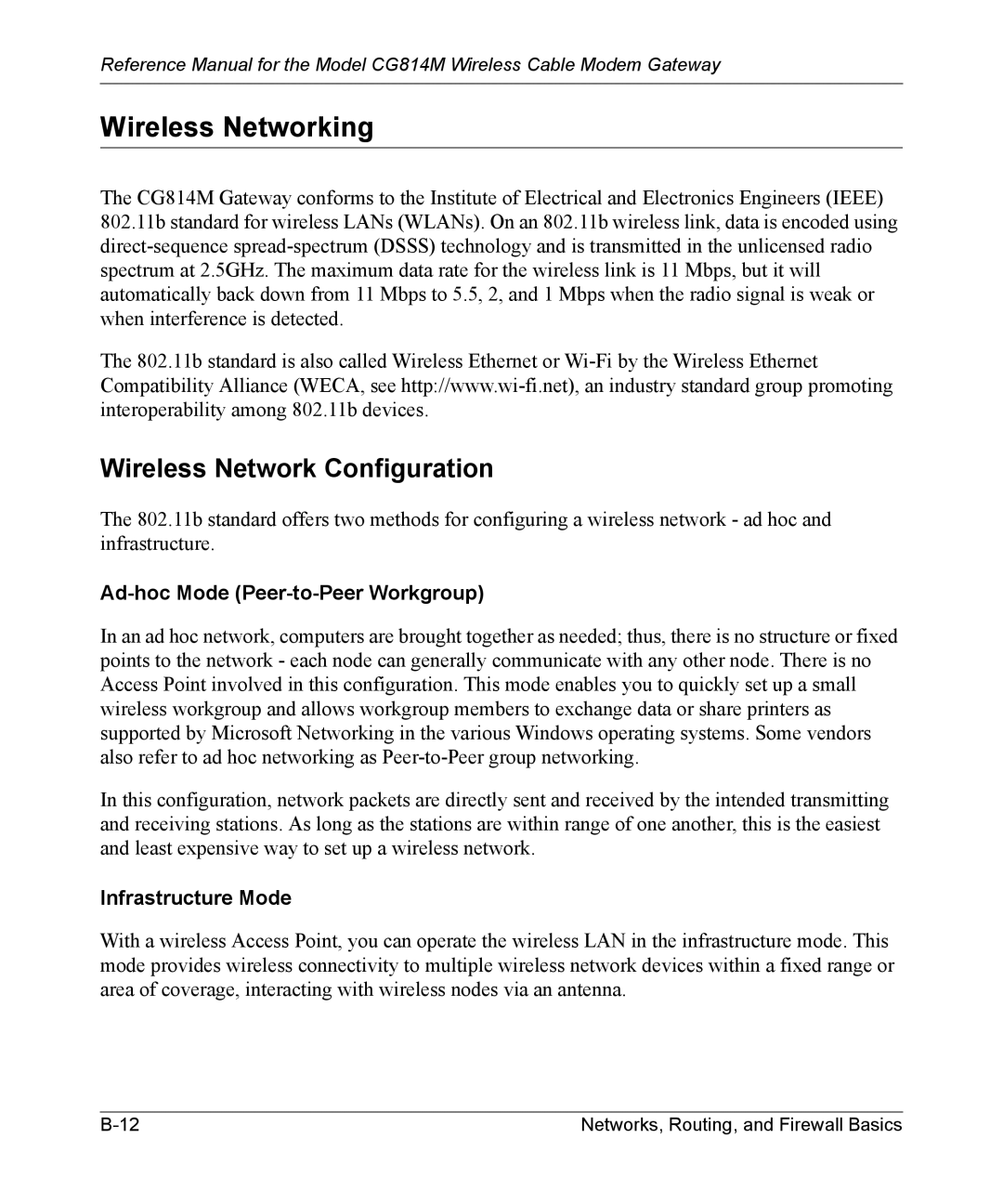 NETGEAR CG814M manual Wireless Networking, Wireless Network Configuration, Ad-hoc Mode Peer-to-Peer Workgroup 