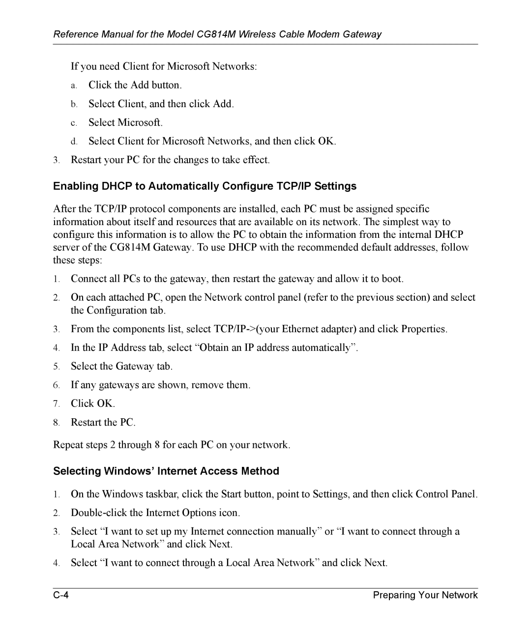 NETGEAR CG814M manual Enabling Dhcp to Automatically Configure TCP/IP Settings, Selecting Windows’ Internet Access Method 