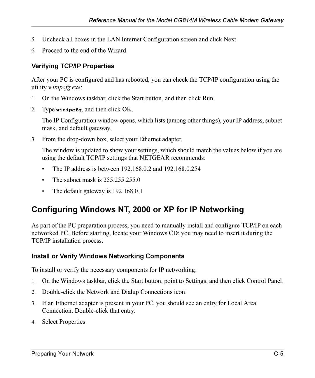 NETGEAR CG814M manual Configuring Windows NT, 2000 or XP for IP Networking, Verifying TCP/IP Properties 