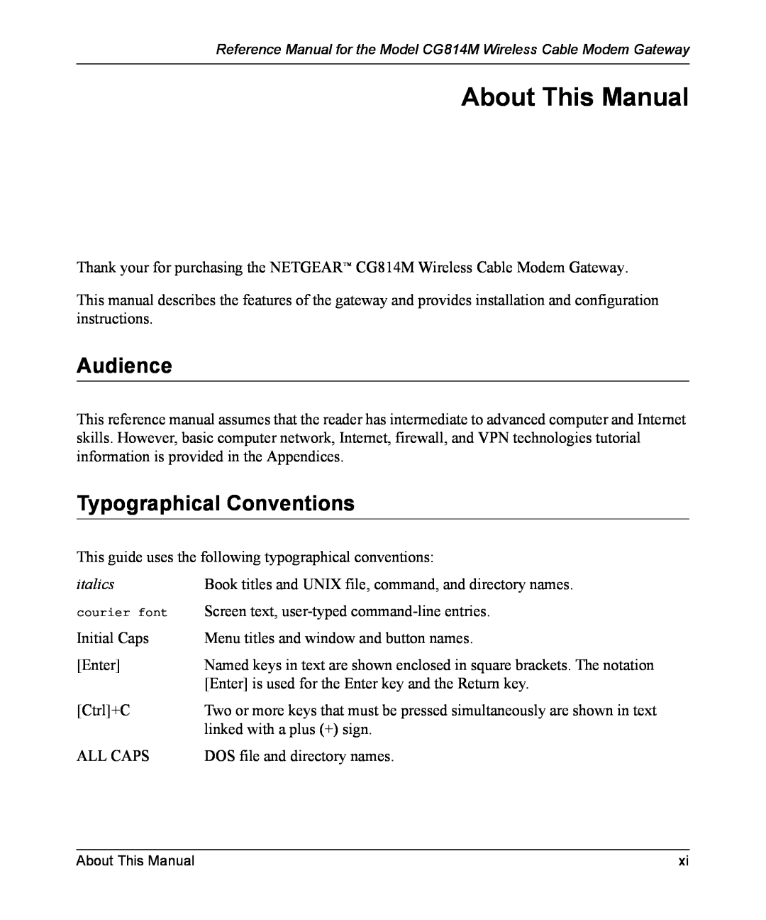 NETGEAR CG814M manual About This Manual, Audience, Typographical Conventions 