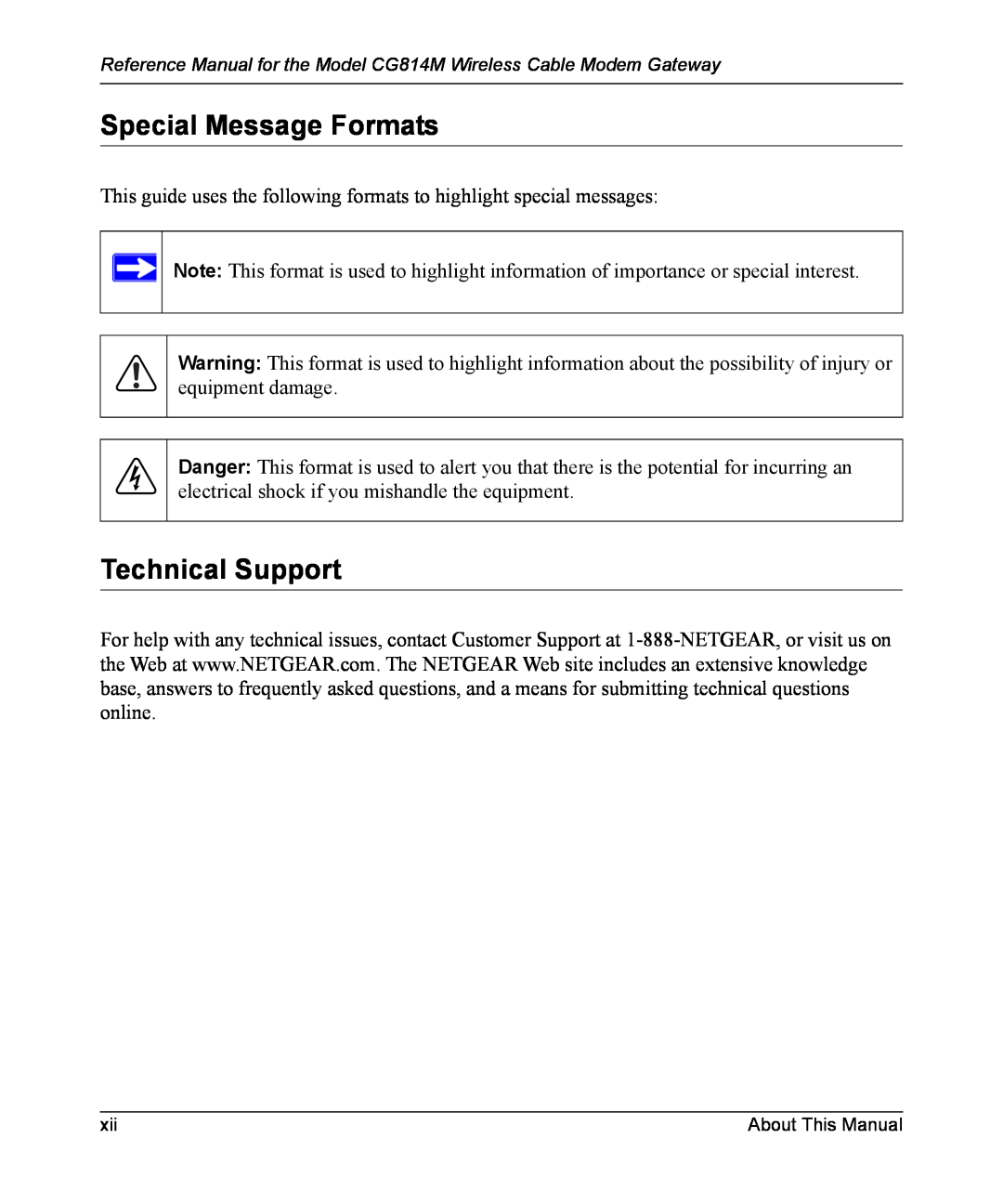 NETGEAR CG814M manual Special Message Formats, Technical Support 