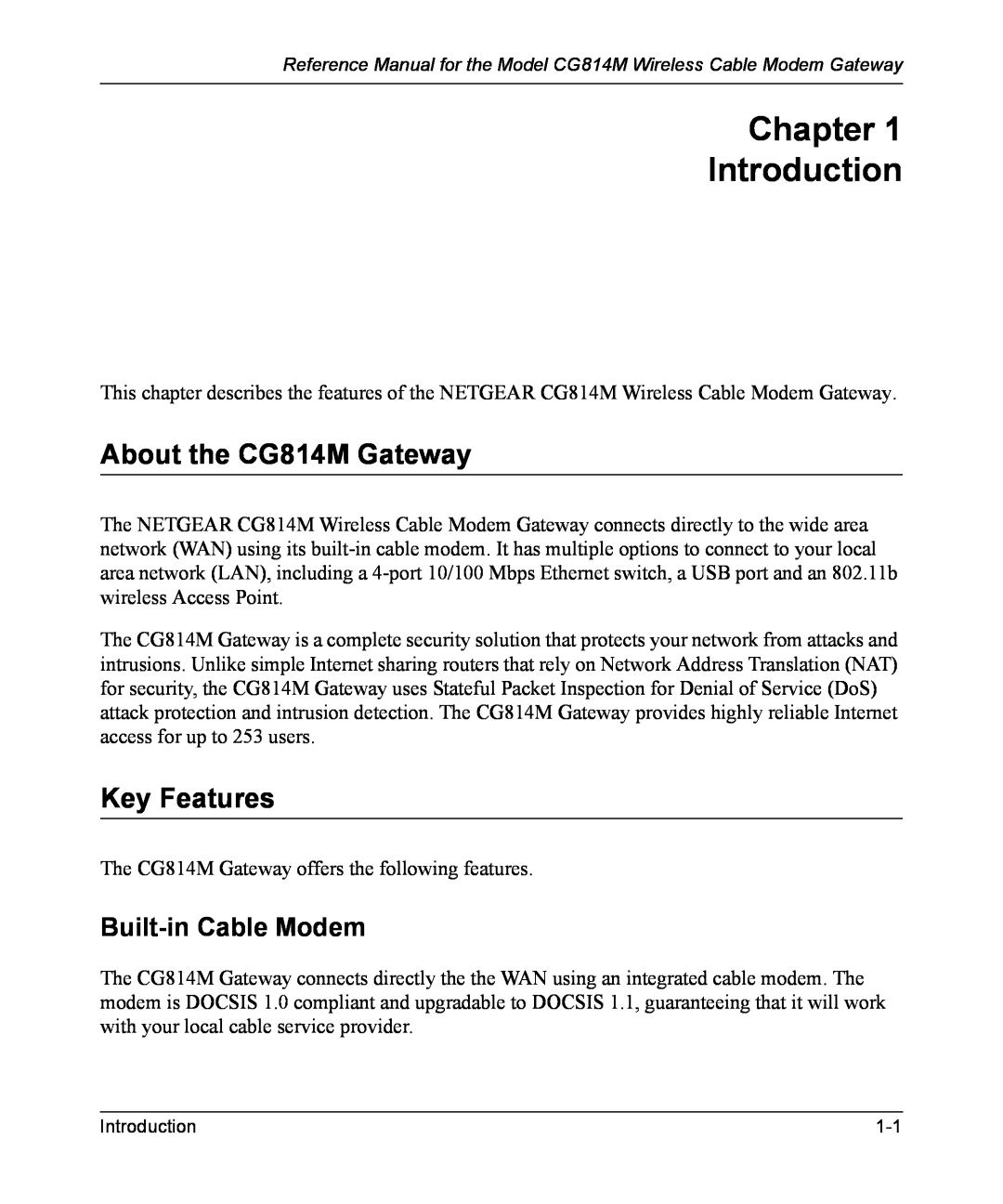 NETGEAR manual Chapter Introduction, About the CG814M Gateway, Key Features, Built-in Cable Modem 
