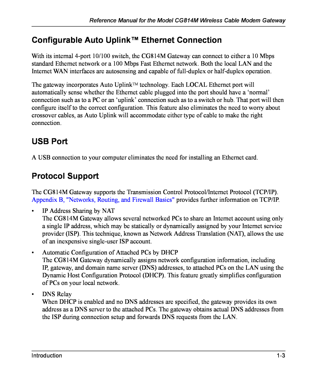 NETGEAR CG814M manual Configurable Auto Uplink Ethernet Connection, USB Port, Protocol Support 