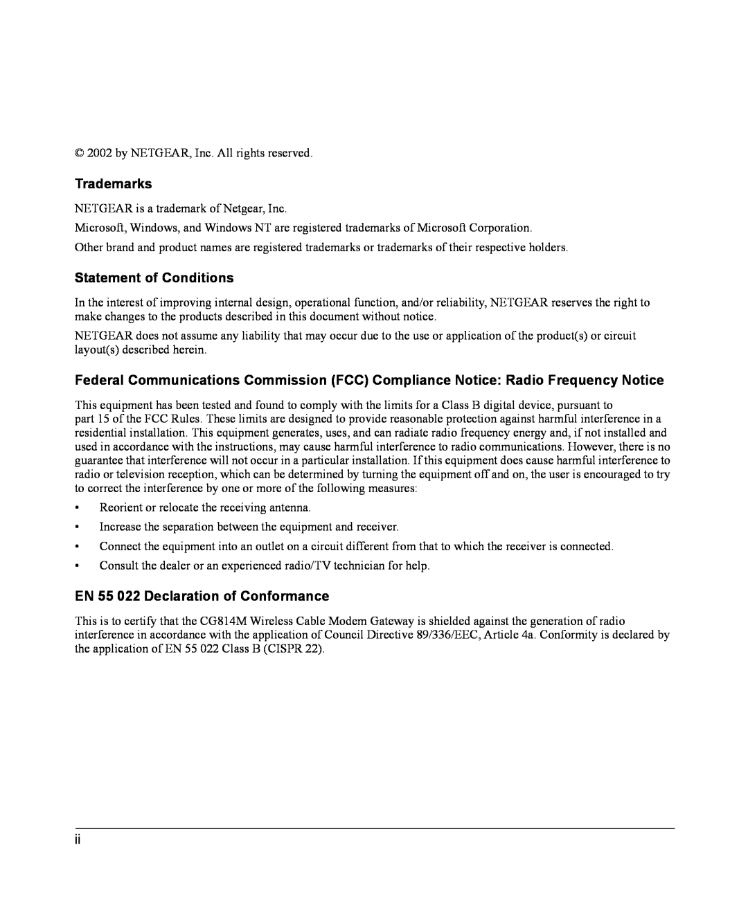 NETGEAR CG814M manual Trademarks, Statement of Conditions, EN 55 022 Declaration of Conformance 