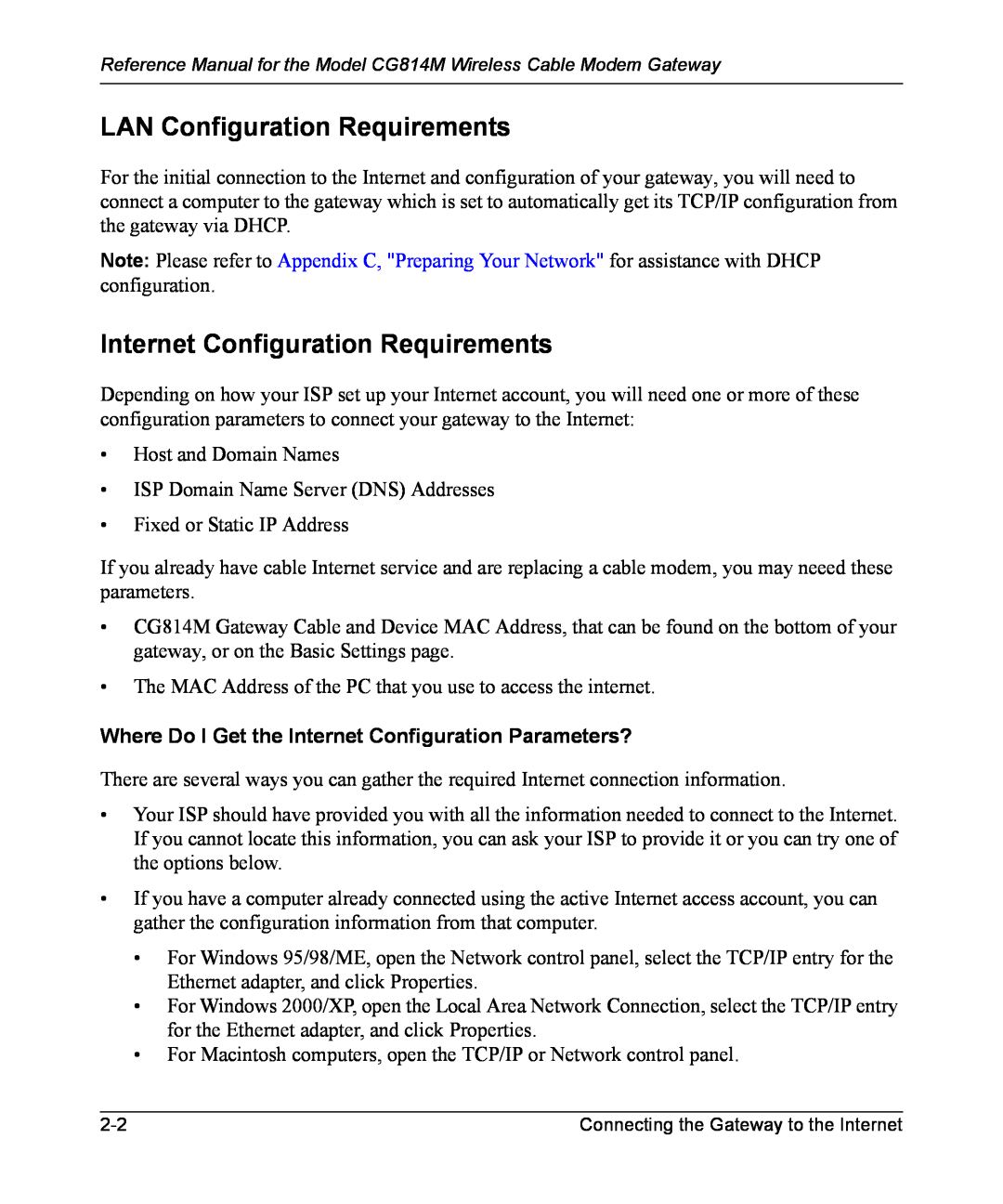 NETGEAR CG814M manual LAN Configuration Requirements, Internet Configuration Requirements 