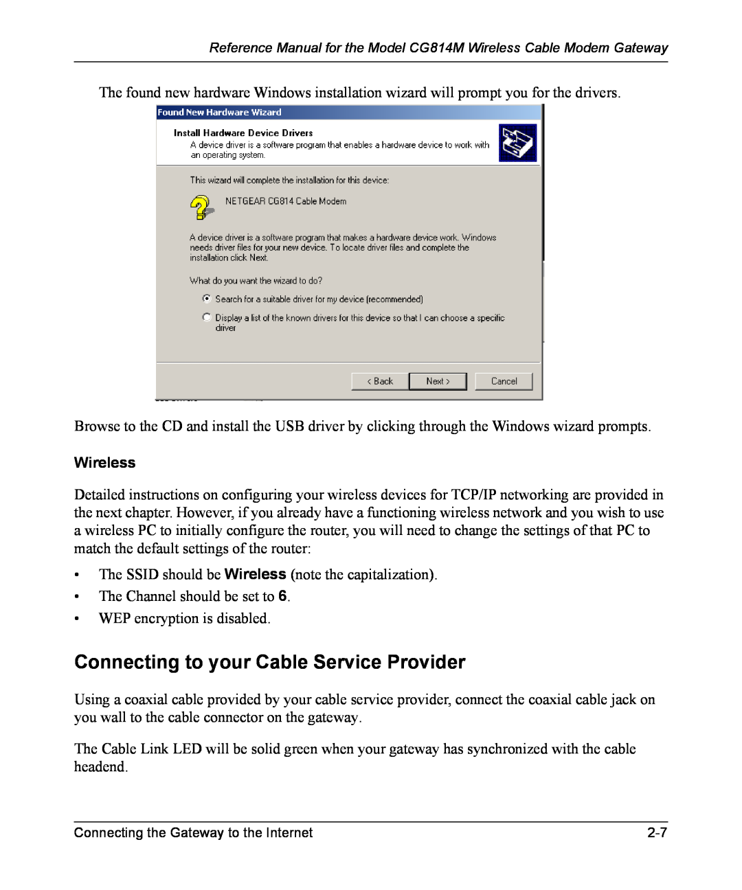 NETGEAR CG814M manual Connecting to your Cable Service Provider, Wireless 