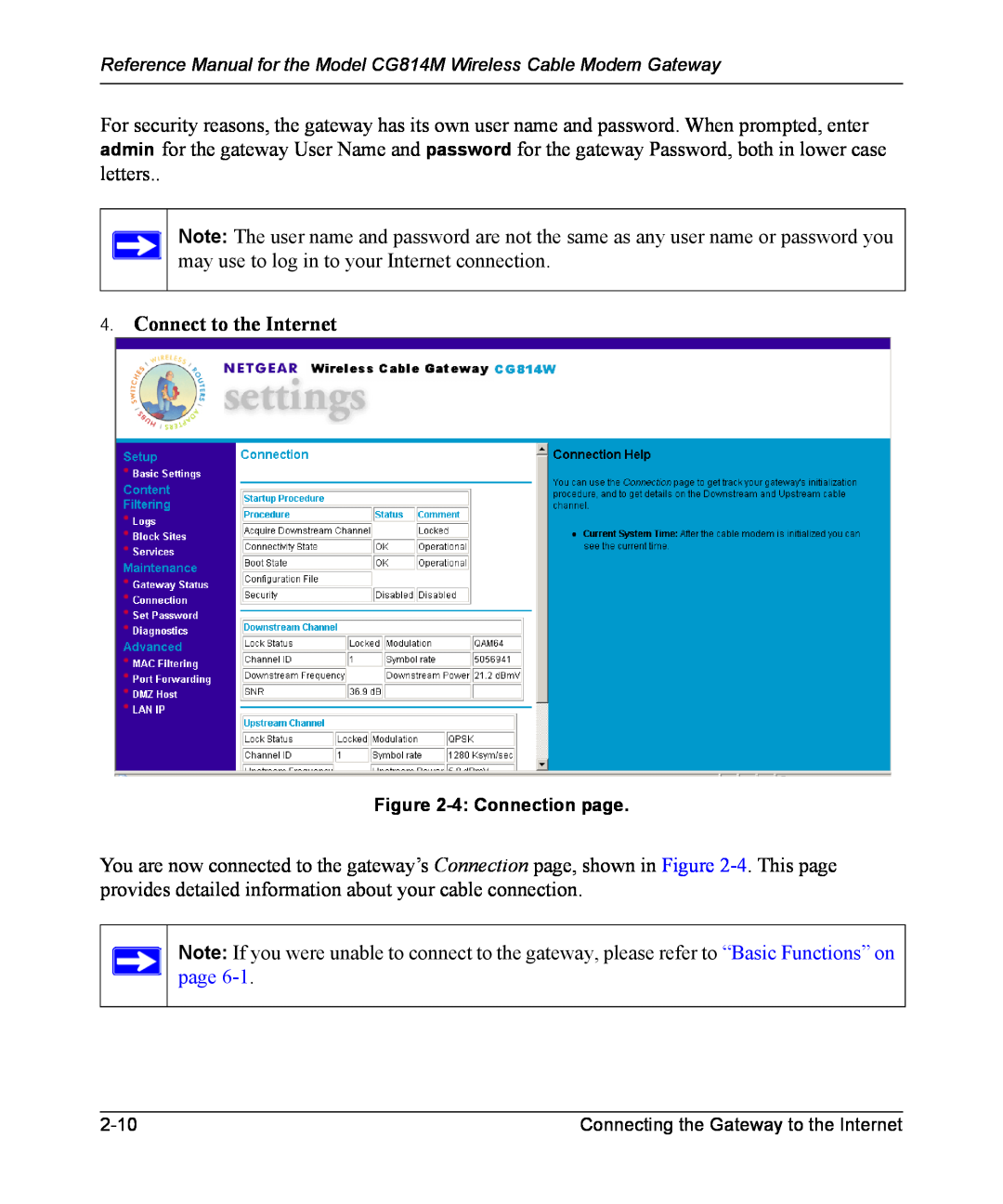 NETGEAR CG814M manual Connect to the Internet, 4 Connection page 